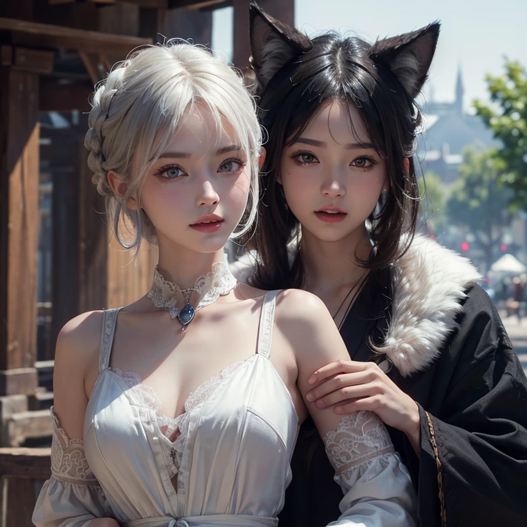 Dark ambiance,old European townde in the background、white wolf、 ((highest quality、masterpiece、8k、best image quality、ultra high resolution、Award-winning work)、(accurate anatomy:1.1)、(look at me and smile:1.1)、Shining fair skin with ultra high resolution、most detailed face、ultra high resolution detailed face、white short hair flowing 、Beautiful face drawn in every detail、(blurred background:1.1)、traditional Georgia man costume, tiny breast, real wolf beside the girl
