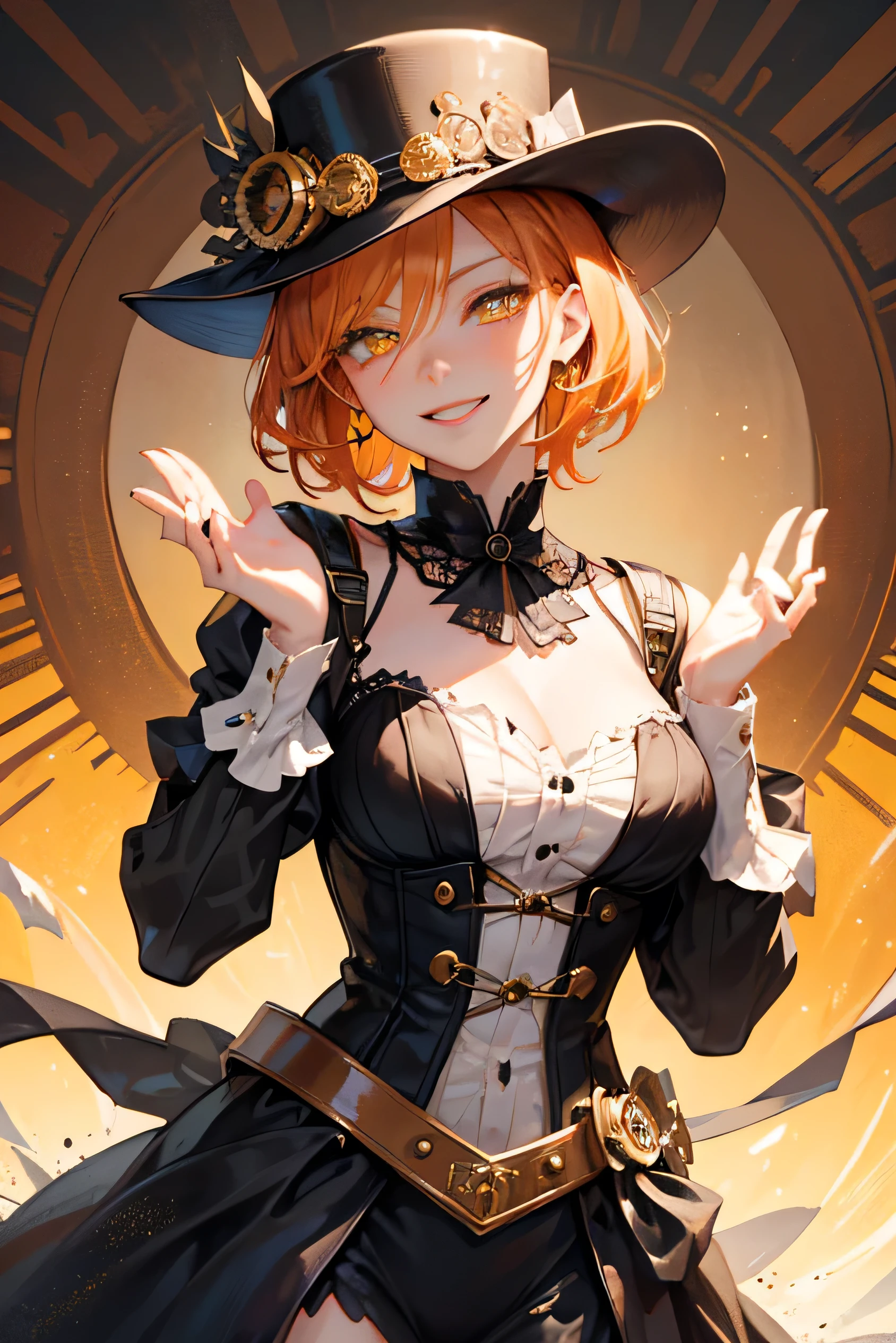 masterpiece, highest quality, so beautiful、Latest、girl, Orange Hair, short hair, Golden Eyes、evil smile,glowing
eyesi、Super cool adult woman in brown British aristocrat fantasy costume、Bold Pose、Open your hands、dance、Decoration、gorgeous、Chuunibyou is cool、Confident々、steampunk