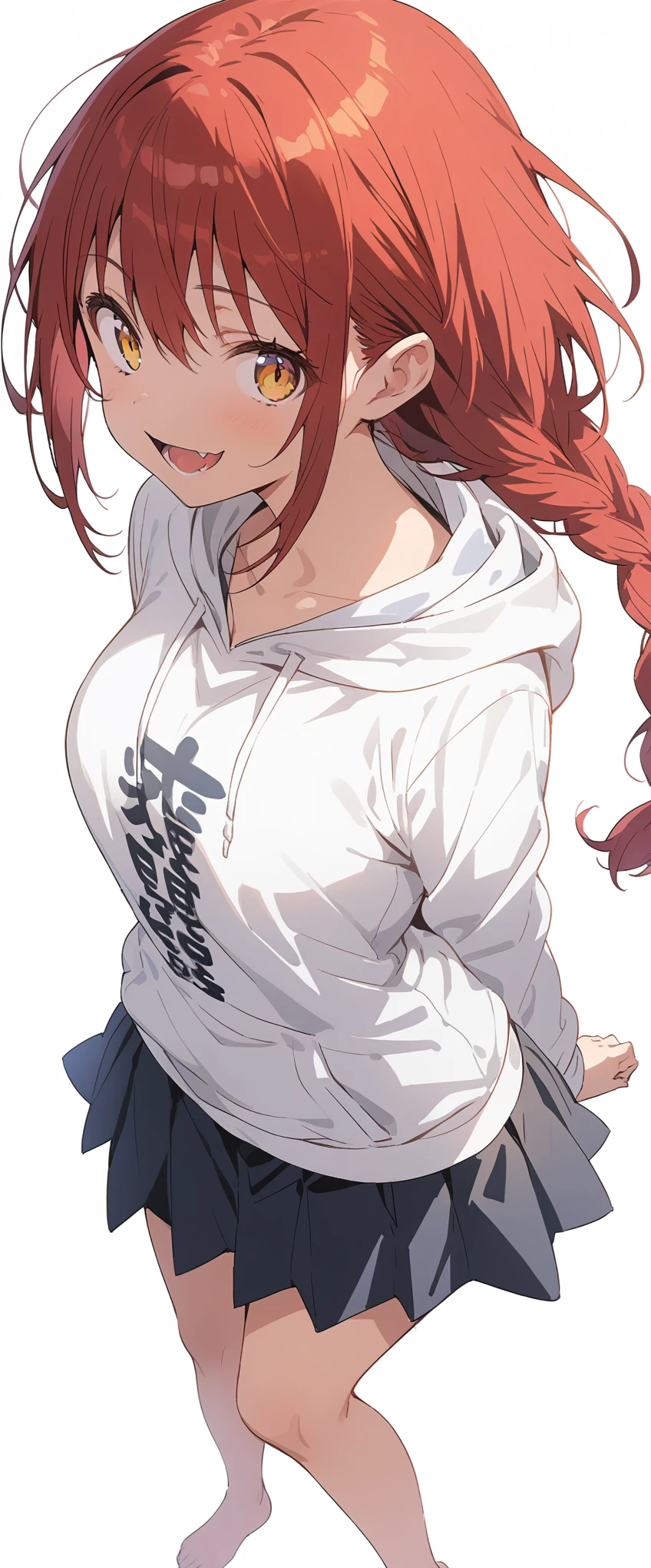 White background、Solid white background、Blank background、Ultra-high resolution, highest quality,Solo,just standing girl, One Girl、The whole body is depicted from the front、fish-bone braid hair、Fishbone Hair、red hair、arms behind back、Put your hands behind your back、Hide your hands、busty、beautiful detailed eyes、Red hair x yellow eyes、yellow eyes、Open your mouth without showing your teeth、Smile with mouth wide open、 On the chest「Medaka」A hoodie with、Black pleated skirt、barefoot