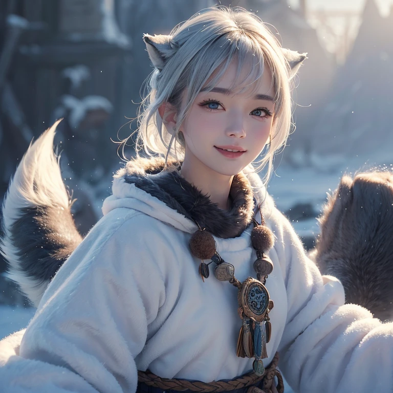 snow mountain、 ((highest quality、masterpiece、8k、best image quality、ultra high resolution、Award-winning work)、(accurate anatomy:1.1)、(look at me and smile:1.1)、Shining fair skin with ultra high resolution、most detailed face、ultra high resolution detailed face、white short hair blowing 、(ultra high resolutionの煌めく瞳:1.1)、Beautiful face drawn in every detail、(blurred background:1.1)、warm Inuit clothing, tattoo, real wolfs beside:1.5