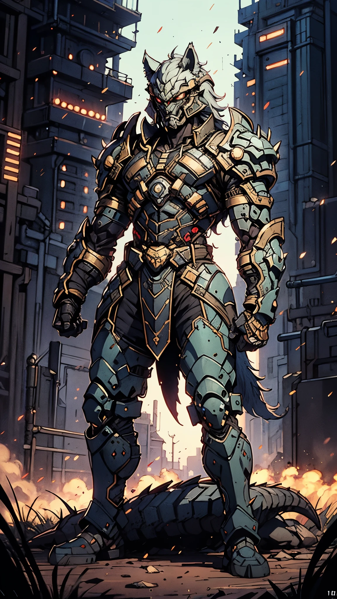 A man wearing a full-face helmet, a fantasy-style biomecha armored combat suit, green eyes, (Wolf head shape on the composite layered chest armor), fully enclosed shoulder guards, matching arm and leg guards, the belt is adorned with dragon claw grasping orbs, (primarily black with red accents), the design balances heavy with agility, a high-tech biological armor, (Wolf concept Armor, stand on the top of a skyscraper in a futuristic sci-fi city), this character embodies a finely crafted fantasy-surreal style armored hero in anime style, exquisite and mature manga art style, (element, plasma, energy, the armor glows), ((male:1.5)), metallic, real texture material, dramatic, high definition, best quality, highres, ultra-detailed, ultra-fine painting, extremely delicate, professional, perfect body proportions, golden ratio, anatomically correct, symmetrical face, extremely detailed eyes and face, high quality eyes, creativity, RAW photo, UHD, 32k, Natural light, cinematic lighting, masterpiece-anatomy-perfect, masterpiece:1.5