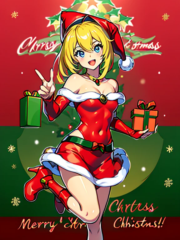 Dark magician Gilles in a red dress,((See through)), Very detailed, Rubio,(((Tiny mini skirt))), ((Skirt flip)),(((I can see Tanga))),smile, blue eyes, Realist, Red High Heels, (((Christmas))), Neckline, ((Christmasツリー, gift)), cabello Rubio, 魔法のChristmas. Seductive and sensual poses.