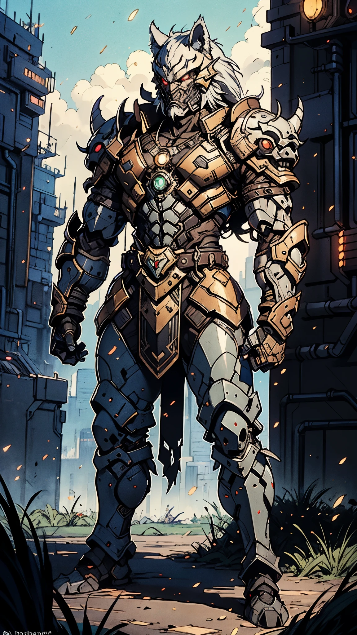 A man wearing a full-face helmet, a fantasy-style biomecha armored combat suit, green eyes, (Wolf head shape on the composite layered chest armor), fully enclosed shoulder guards, matching arm and leg guards, the belt is adorned with dragon claw grasping orbs, (primarily black with red accents), the design balances heavy with agility, a high-tech biological armor, (Wolf concept Armor, stand on the top of a skyscraper in a futuristic sci-fi city), this character embodies a finely crafted fantasy-surreal style armored hero in anime style, exquisite and mature manga art style, (element, plasma, energy, the armor glows), ((male:1.5)), metallic, real texture material, dramatic, high definition, best quality, highres, ultra-detailed, ultra-fine painting, extremely delicate, professional, perfect body proportions, golden ratio, anatomically correct, symmetrical face, extremely detailed eyes and face, high quality eyes, creativity, RAW photo, UHD, 32k, Natural light, cinematic lighting, masterpiece-anatomy-perfect, masterpiece:1.5