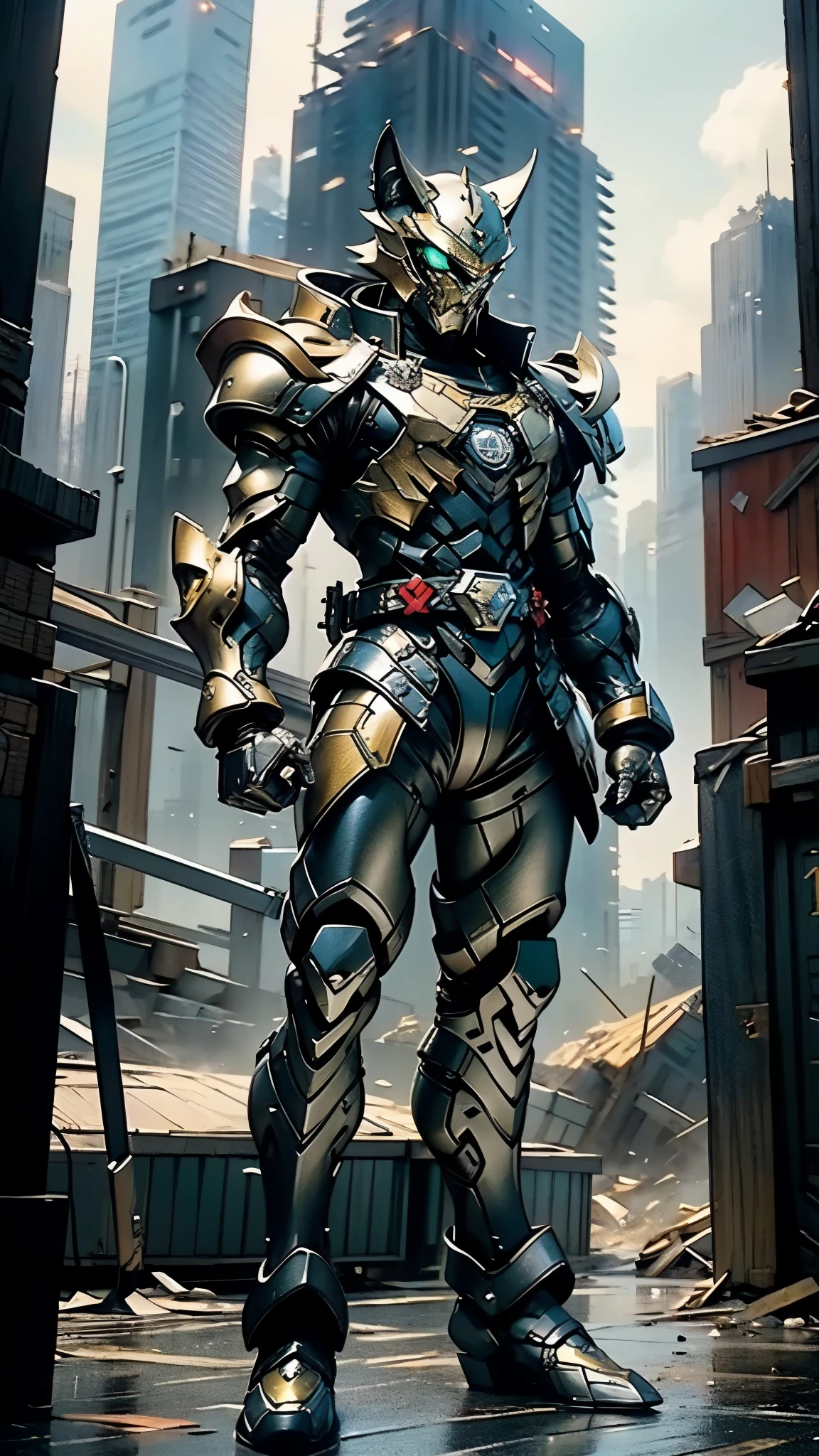 A man wearing a full-face helmet, a fantasy-style biomecha armored combat suit, green eyes, (a composite layered chest armor), fully enclosed shoulder guards, matching arm and leg guards, the belt is adorned with dragon claw grasping orbs, (primarily black with red accents), the design balances heavy with agility, a high-tech biological armor, (Wolf concept Armor, stand on the top of a skyscraper in a futuristic sci-fi city), this character embodies a finely crafted fantasy-surreal style armored hero in anime style, exquisite and mature manga art style, (element, plasma, energy, the armor glows), ((male:1.5)), metallic, real texture material, dramatic, high definition, best quality, highres, ultra-detailed, ultra-fine painting, extremely delicate, professional, perfect body proportions, golden ratio, anatomically correct, symmetrical face, extremely detailed eyes and face, high quality eyes, creativity, RAW photo, UHD, 32k, Natural light, cinematic lighting, masterpiece-anatomy-perfect, masterpiece:1.5