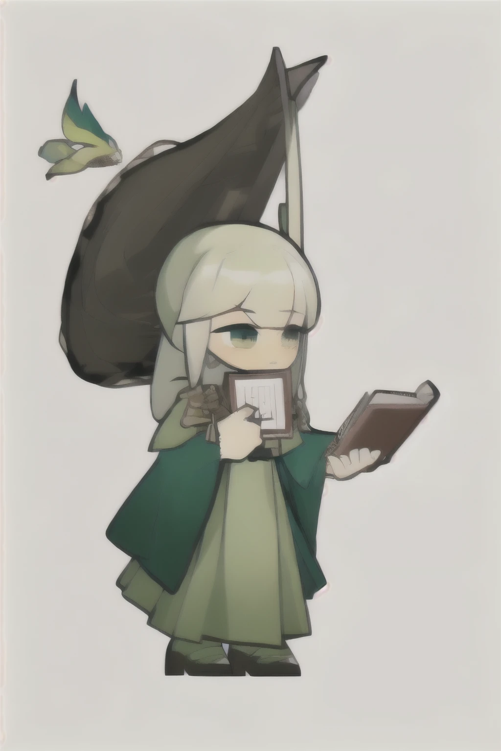 {{masterpiece}}, {{best quality}}, {finely detailed}, {high resolution},1 girl holding a book,Magic book, Green clothes,Mage,middle Ages,Simple background,White background
