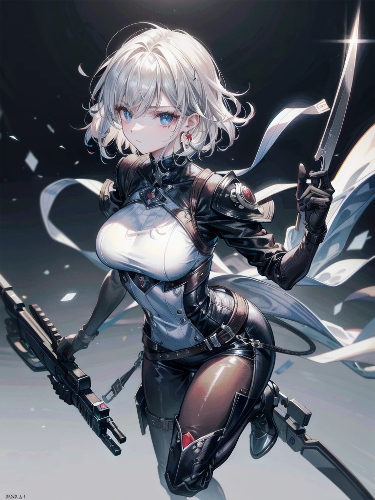beautiful ranger woman with grey hair and soft brown eyes in studded leather armor