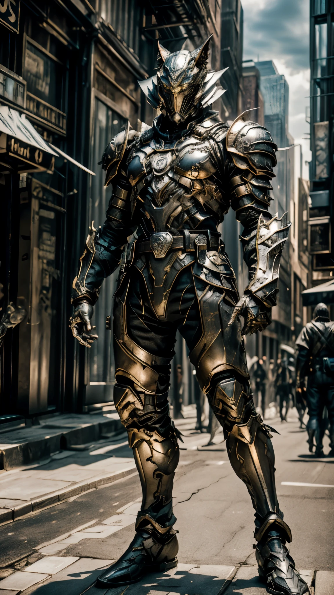 A man wearing a full-face helmet, a fantasy-style biomecha armored combat suit, green eyes, (a composite layered chest armor), fully enclosed shoulder guards, matching arm and leg guards, the belt is adorned with dragon claw grasping orbs, (primarily black with red accents), the design balances heavy with agility, a high-tech biological armor, (Wolf concept Armor, stand on the top of a skyscraper in a futuristic sci-fi city), this character embodies a finely crafted fantasy-surreal style armored hero in anime style, exquisite and mature manga art style, (element, plasma, energy, the armor glows), ((male:1.5)), metallic, real texture material, dramatic, high definition, best quality, highres, ultra-detailed, ultra-fine painting, extremely delicate, professional, perfect body proportions, golden ratio, anatomically correct, symmetrical face, extremely detailed eyes and face, high quality eyes, creativity, RAW photo, UHD, 32k, Natural light, cinematic lighting, masterpiece-anatomy-perfect, masterpiece:1.5