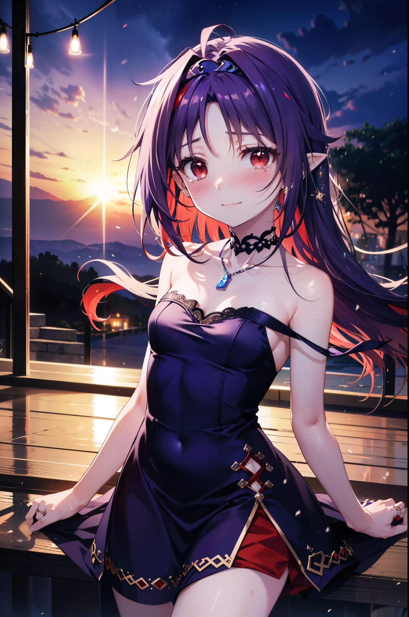 yuukikonno, Konno Yuuki,Long Hair, tiara,Pointed Ears, Purple Hair, (Red eyes:1.5), (Small breasts:1.2), smile,Purple Dress,Purple Long Skirt,Purple stiletto heels,Sleeveless,Expose your shoulders,Bare arms,Bare neck,bare clavicle,She is wearing a wedding ring on the ring finger of her left hand.,Heart Necklace,Tears stream down her face,Tears of joy,I cry a lot,Romantic night view,moonlight,
break outdoors, hill,
break looking at viewer, (Cowboy Shot:1.5),
break (masterpiece:1.2), highest quality, High resolution, unity 8k wallpaper, (shape:0.8), (Beautiful details:1.6), Highly detailed face, Perfect lighting, Extremely detailed CG, (Perfect hands, Perfect Anatomy),