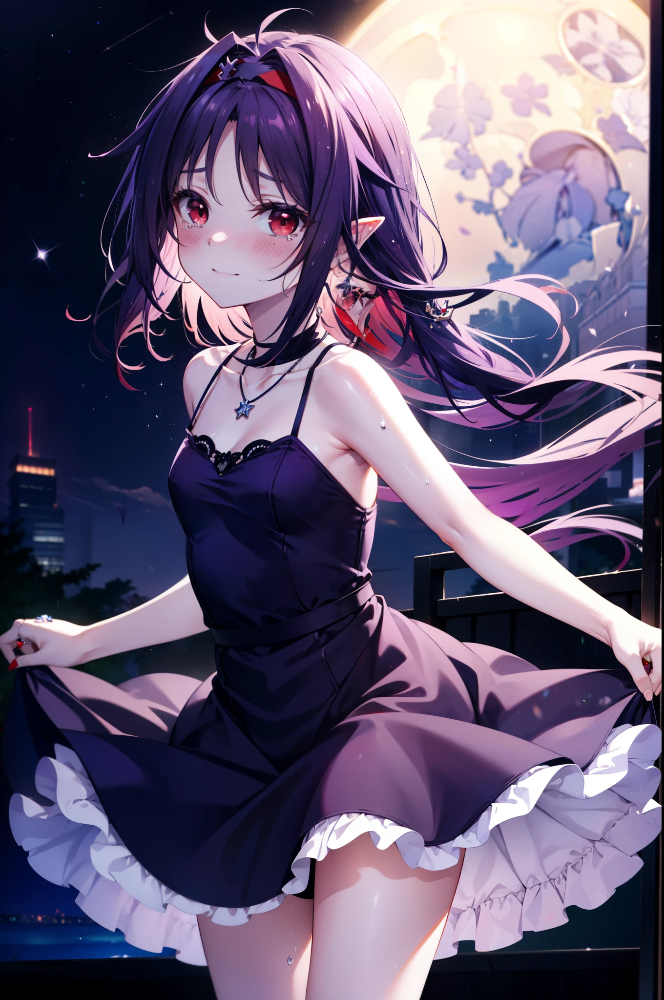 yuukikonno, Konno Yuuki,Long Hair, tiara,Pointed Ears, Purple Hair, (Red eyes:1.5), (Small breasts:1.2), smile,Purple Dress,Purple Long Skirt,Purple stiletto heels,Sleeveless,Expose your shoulders,Bare arms,Bare neck,bare clavicle,She is wearing a wedding ring on the ring finger of her left hand.,Heart Necklace,Tears stream down her face,Tears of joy,I cry a lot,Romantic night view,moonlight,
break outdoors, hill,
break looking at viewer, (Cowboy Shot:1.5),
break (masterpiece:1.2), highest quality, High resolution, unity 8k wallpaper, (shape:0.8), (Beautiful details:1.6), Highly detailed face, Perfect lighting, Extremely detailed CG, (Perfect hands, Perfect Anatomy),