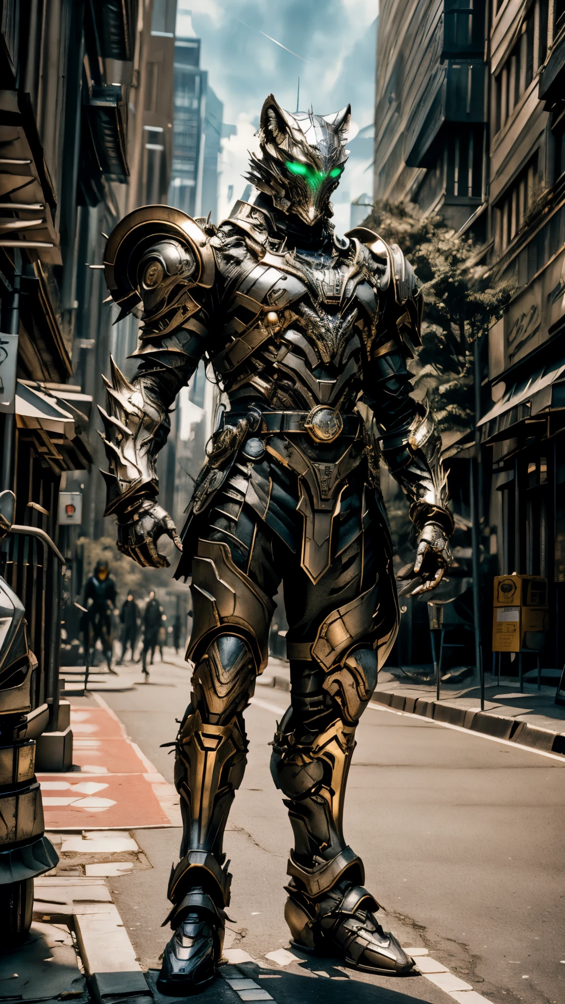 A man wearing a full-face helmet, a fantasy-style biomecha armored combat suit, green eyes, (a composite layered chest armor), fully enclosed shoulder guards, matching arm and leg guards, the belt is adorned with dragon claw grasping orbs, (primarily black with red accents), the design balances heavy with agility, a high-tech biological armor, (Wolf concept Armor, stand on the top of a skyscraper in a futuristic sci-fi city), this character embodies a finely crafted fantasy-surreal style armored hero in anime style, exquisite and mature manga art style, (element, plasma, energy, the armor glows), ((male:1.5)), metallic, real texture material, dramatic, high definition, best quality, highres, ultra-detailed, ultra-fine painting, extremely delicate, professional, perfect body proportions, golden ratio, anatomically correct, symmetrical face, extremely detailed eyes and face, high quality eyes, creativity, RAW photo, UHD, 32k, Natural light, cinematic lighting, masterpiece-anatomy-perfect, masterpiece:1.5