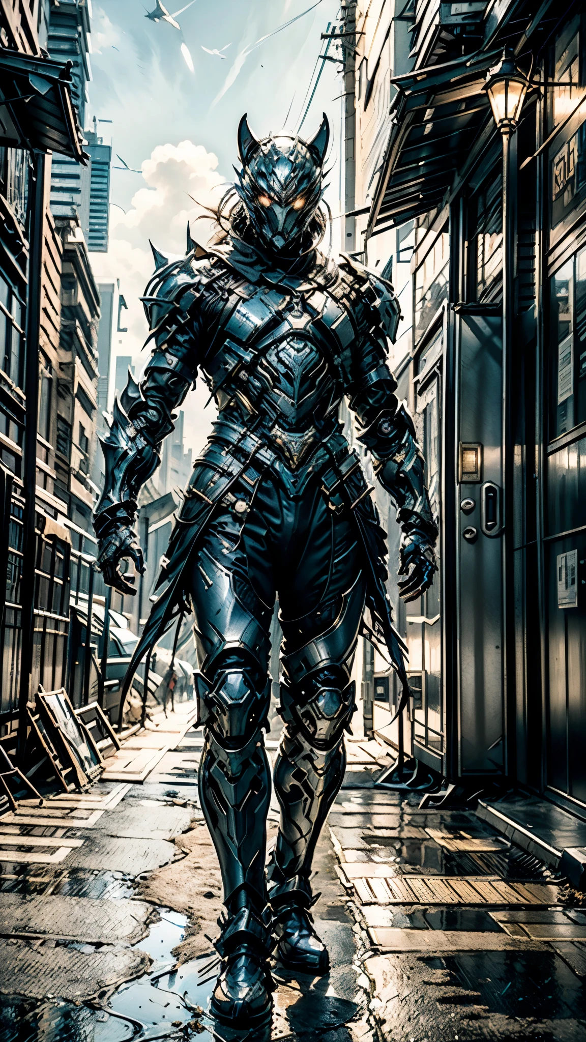 A man wearing a full-face helmet, a fantasy-style biomecha armored combat suit, green eyes, (a composite layered chest armor), fully enclosed shoulder guards, matching arm and leg guards, the belt is adorned with dragon claw grasping orbs, (primarily black with red accents), the design balances heavy with agility, a high-tech biological armor, (Wolf concept Armor, stand on the top of a skyscraper in a futuristic sci-fi city), this character embodies a finely crafted fantasy-surreal style armored hero in anime style, exquisite and mature manga art style, (element, plasma, energy, the armor glows), ((male:1.5)), metallic, real texture material, dramatic, high definition, best quality, highres, ultra-detailed, ultra-fine painting, extremely delicate, professional, perfect body proportions, golden ratio, anatomically correct, symmetrical face, extremely detailed eyes and face, high quality eyes, creativity, RAW photo, UHD, 32k, Natural light, cinematic lighting, masterpiece-anatomy-perfect, masterpiece:1.5