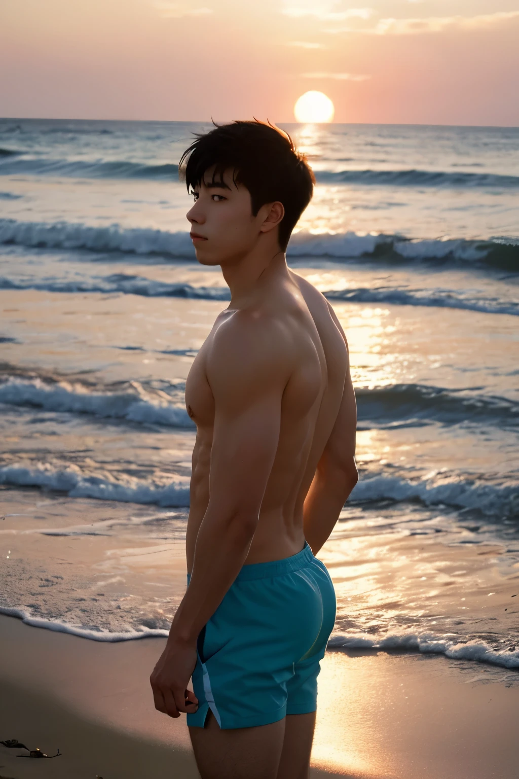 Painting of young muscular man standing on the beach watching sunset. The backlight turns the young man into a black shadow. The young man is a high school student with long bangs, showing his huge muscular round butt. anime, Makoto Shinkai Cyril Roland, inspired by Cyril Roland, animated art wallpaper 4k, sky blue and peach gradient. Seagulls are flying. Beautiful delicate touch illustration.