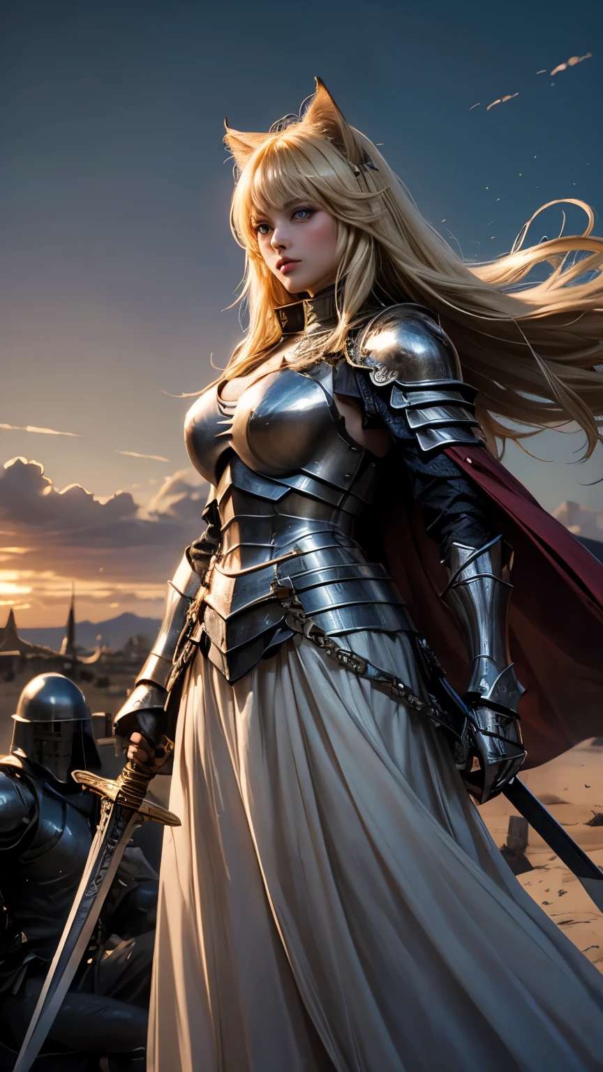 ((Highest quality))、((8K))、((knight))、woman、Big eyes、Double、Soft、大人のwoman、whole body、(sword)、(leather armor)、((whole body鎧))、Cat ear、Blonde、long hair、大sword、knight団、((battlefield))、Cape、swordを握る手、Big Breasts、Long skirt