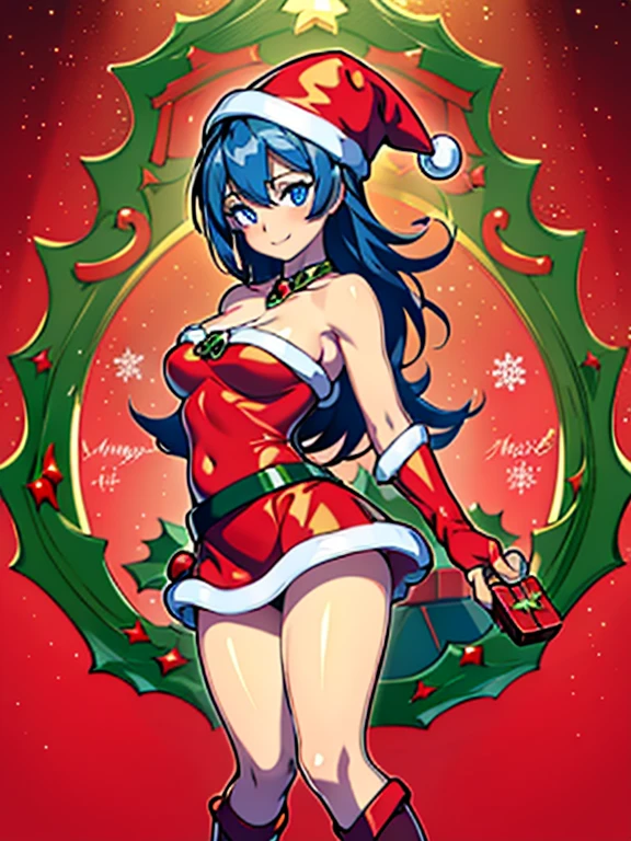 Dark magician Gilles in a red dress,((See through)), Very detailed, Rubio,(((Tiny mini skirt))), ((Skirt flip)),(((I can see Tanga))),smile, blue eyes, Realist, Red High Heels, (((Christmas))), Neckline, ((Christmasツリー, gift)), cabello Rubio, 魔法のChristmas. Seductive and sensual poses.