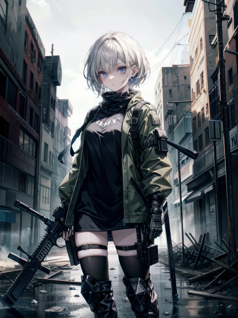 whole body, ((many weapons)), gunman attire, revolver pistol, boots, post apocalyptic city, Desolate atmosphere, absurdres, RAW photo, extremely delicate and beautiful, masterpiece, Best Quality, ultra high resolution, 32k, hyperrealistic, ultra-detailed, detailed description, pale skin, 20 years old, detailed beautiful face and eyes, tearful mole, earring, Colossal tits, short medium hair, wavy hair,