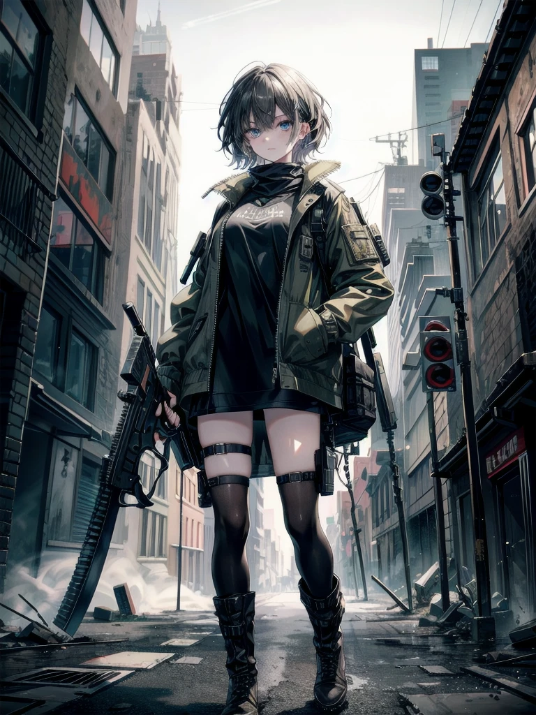 whole body, ((many weapons)), gunman attire, revolver pistol, boots, post apocalyptic city, Desolate atmosphere, absurdres, RAW photo, extremely delicate and beautiful, masterpiece, Best Quality, ultra high resolution, 32k, hyperrealistic, ultra-detailed, detailed description, pale skin, 20 years old, detailed beautiful face and eyes, tearful mole, earring, Colossal tits, short medium hair, wavy hair,