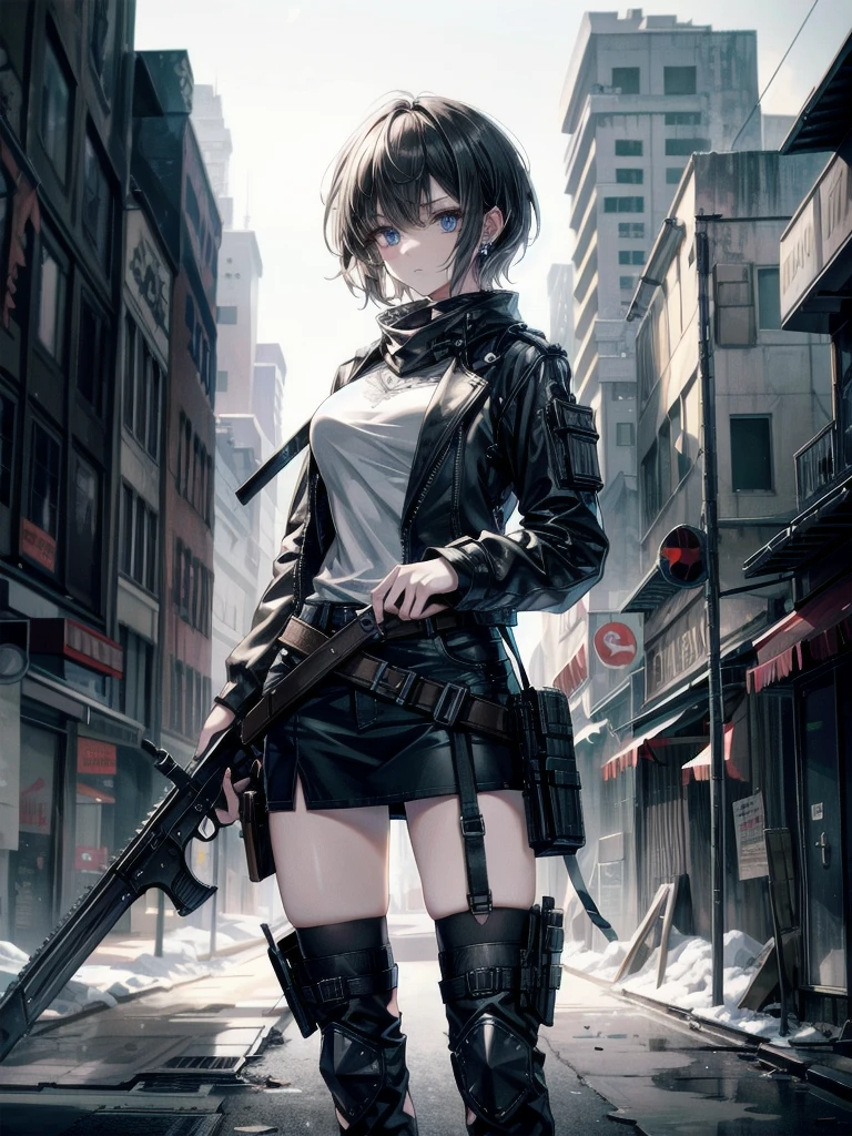 whole body, ((many weapons)), gunman attire, revolver pistol, boots, post apocalyptic city, Desolate atmosphere, absurdres, RAW photo, extremely delicate and beautiful, masterpiece, Best Quality, ultra high resolution, 32k, hyperrealistic, ultra-detailed, detailed description, pale skin, 20 years old, detailed beautiful face and eyes, tearful mole, earring, Colossal tits, short medium hair, wavy hair,