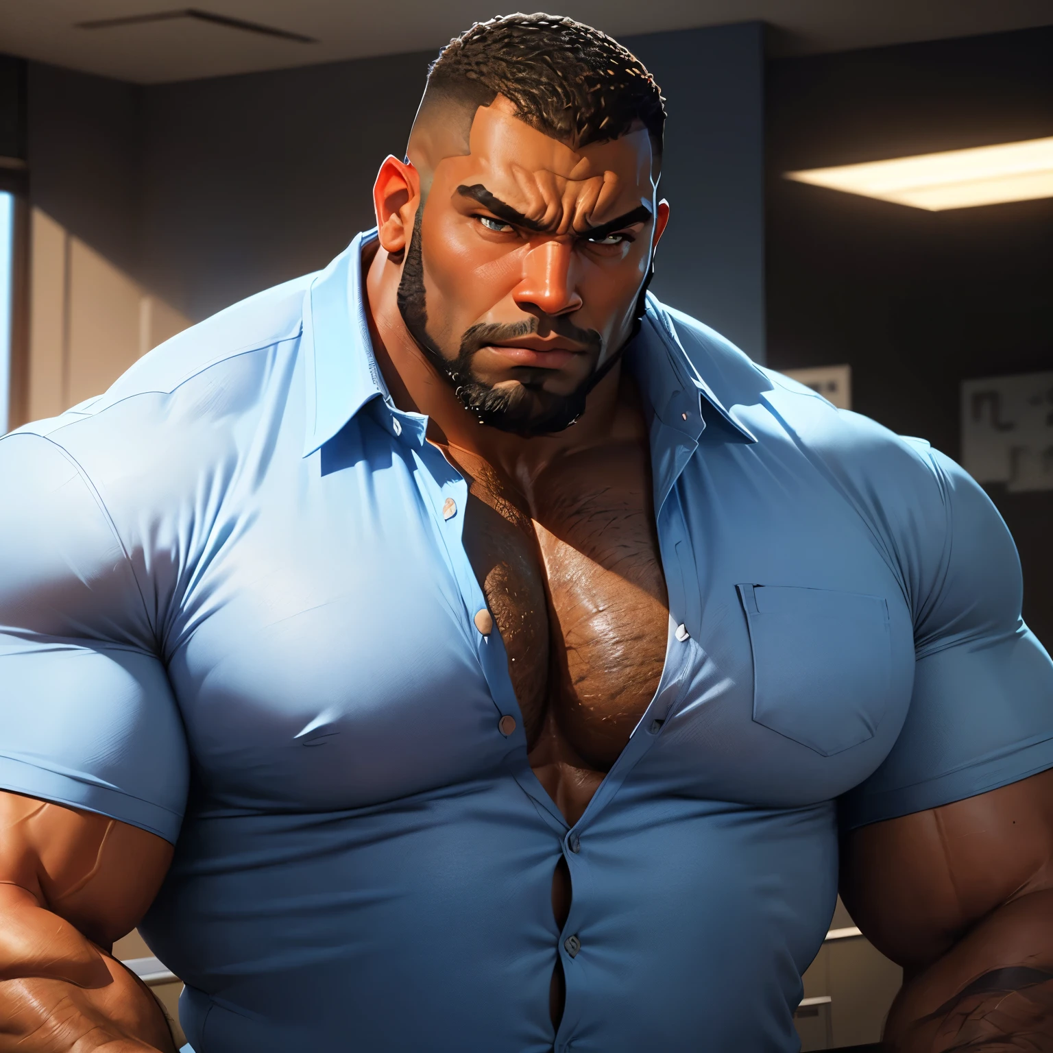 an exaggeratedly muscular and large bodyguard, beefy build, beard, dark-skinned african american male, buzzcut hair with square line, (confused expression: 1.2), (wearing blue casual business shirt: 1.2), (torn shirt: 1.1), (bara pecs: 1.3), beefy pecs, (arm and chest hair: 1.1), portrait HD, (fluorescent office building)