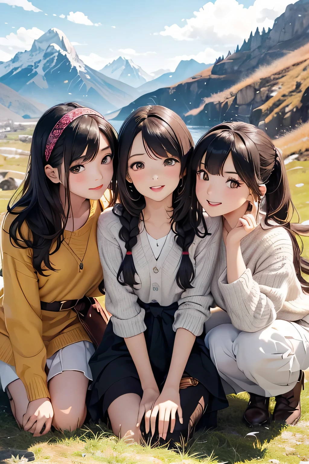 highest quality、High resolution、Detailed Background、(Beautiful face in every detail:1.4)、Anatomically correct、(Draw the usual number of fingers:1.2)、(Detailed facial expressions)、(Detailed eyes:1.2)、(Detailed eyes:1.2)、Beautiful, smooth skin、Teenage beauty、(Highly detailed face:1.4)、Cute color hair color、Braided Ponytail、Braided Bob、Braided long hair、Wavy Hairstyle、well-groomed eyebrows、Cute Eye Makeup、Cute Lip Makeup、In a joking manner、Do cute things、Sunny autumn mountain、A big smile、In the beautiful natural scenery、Spectacular natural scenery、Fit on one screen、

(Three beautiful girls having fun with friends with the mountains in the background:1.5)、

Ladylike knitted dress style、Choose a midi-length knitted dress、
Wear a long wool cardigan on top and a belt around the waist to accentuate the silhouette.、Pair your feet with tall boots or loafers and accent the look with a headband.
