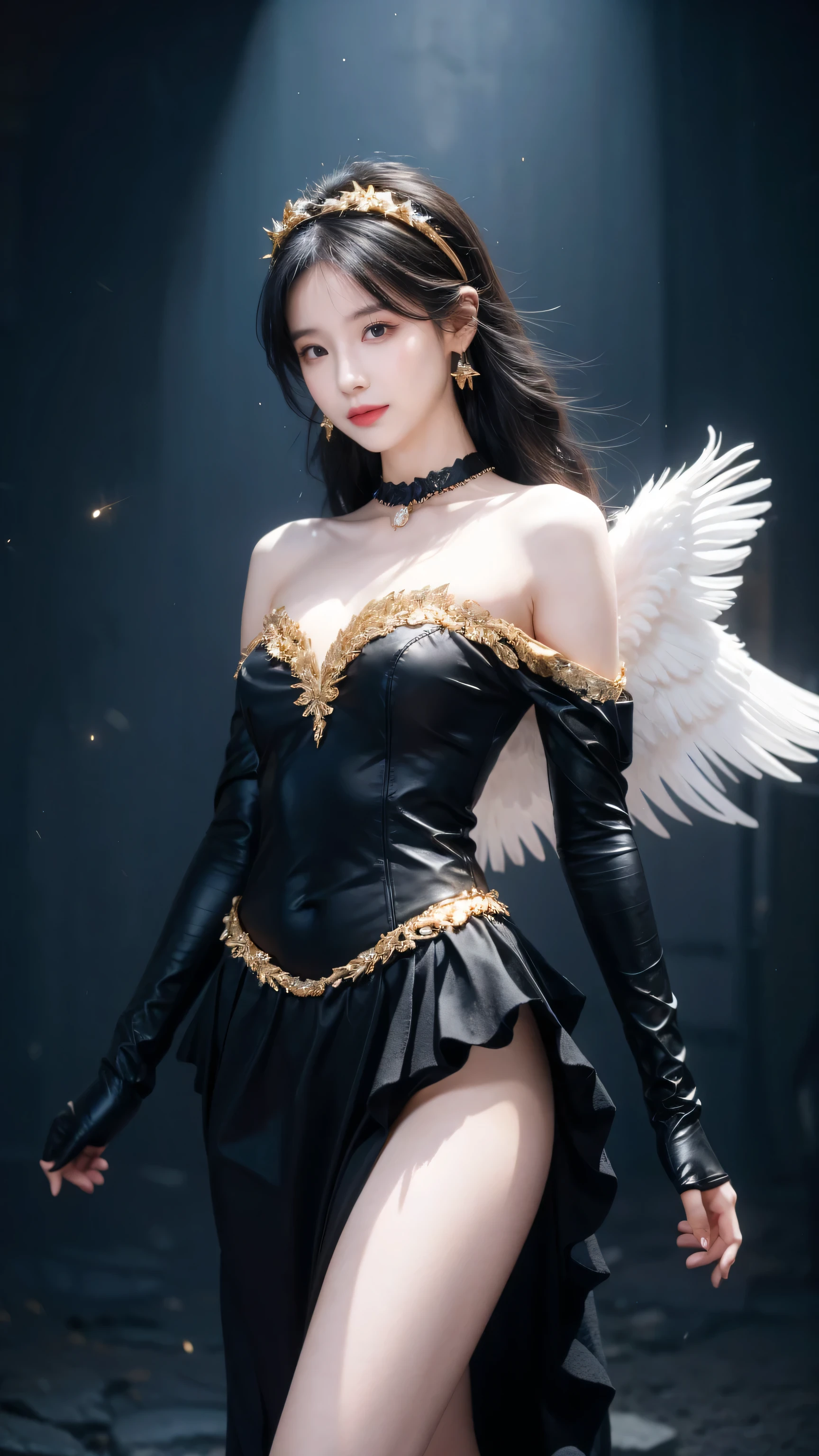 Jobria, Angel Wings, Beautiful woman, (Reality), Backlight, black background, black skirt, black Gloves, Black Hair, Smile, Cowboy shooting, skirt, earrings, Flowing hair, Gloves, gold earrings, gold Headband, Flowering, Hair accessories, ((Headband)), jewelry, Light Particles, Long hair, View viewer, off-the-shoulder skirt, Off-shoulder, petal, Side Rock, Solitary, spike, Very beautiful dress, Double-sided fabric, ((masterpiece))  