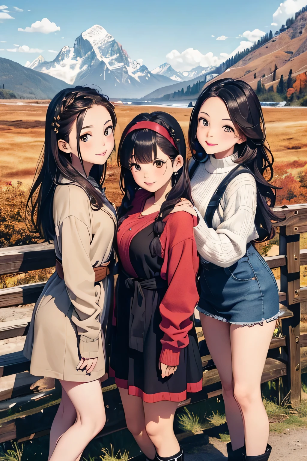 highest quality、High resolution、Detailed Background、(Beautiful face in every detail:1.4)、Anatomically correct、(Draw the usual number of fingers:1.2)、(Detailed facial expressions)、(Detailed eyes:1.2)、(Detailed eyes:1.2)、Beautiful, smooth skin、Teenage beauty、(Highly detailed face:1.4)、Cute color hair color、Braided Ponytail、Braided Bob、Braided long hair、Wavy Hairstyle、well-groomed eyebrows、Cute Eye Makeup、Cute Lip Makeup、In a joking manner、Do cute things、Sunny autumn mountain、A big smile、In the beautiful natural scenery、Spectacular natural scenery、Fit on one screen、
(Three beautiful girls having fun with friends with the mountains in the background:1.5)、
Ladylike knitted dress style、Choose a midi-length knitted dress、
Wear a long wool cardigan on top and a belt around the waist to accentuate the silhouette.、Pair your feet with tall boots or loafers and accent the look with a headband.