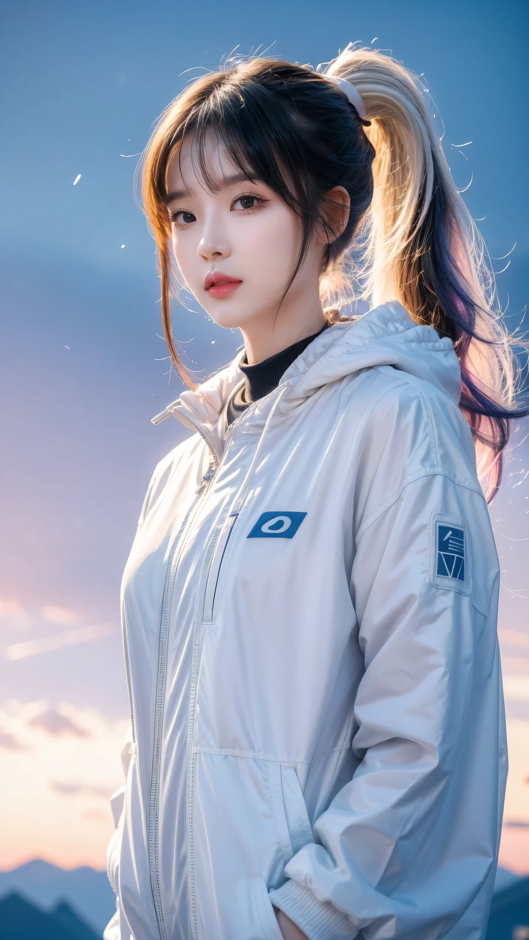 masterpiece, Best image quality, Extremely vivid, Anime girl with curly ponytail, Petite figure, White functional coat, small, Blue-purple gradient ski goggles, Cyberpunk, White hair, Natural casual style, dynamic posture, Golden Ratio, Large aperture portrait, Cool colors, Strong visual impact, White space, Light and shadow contrast, Super texture, Sunset afterglow, Ultra-clear pictures, Simple pictures