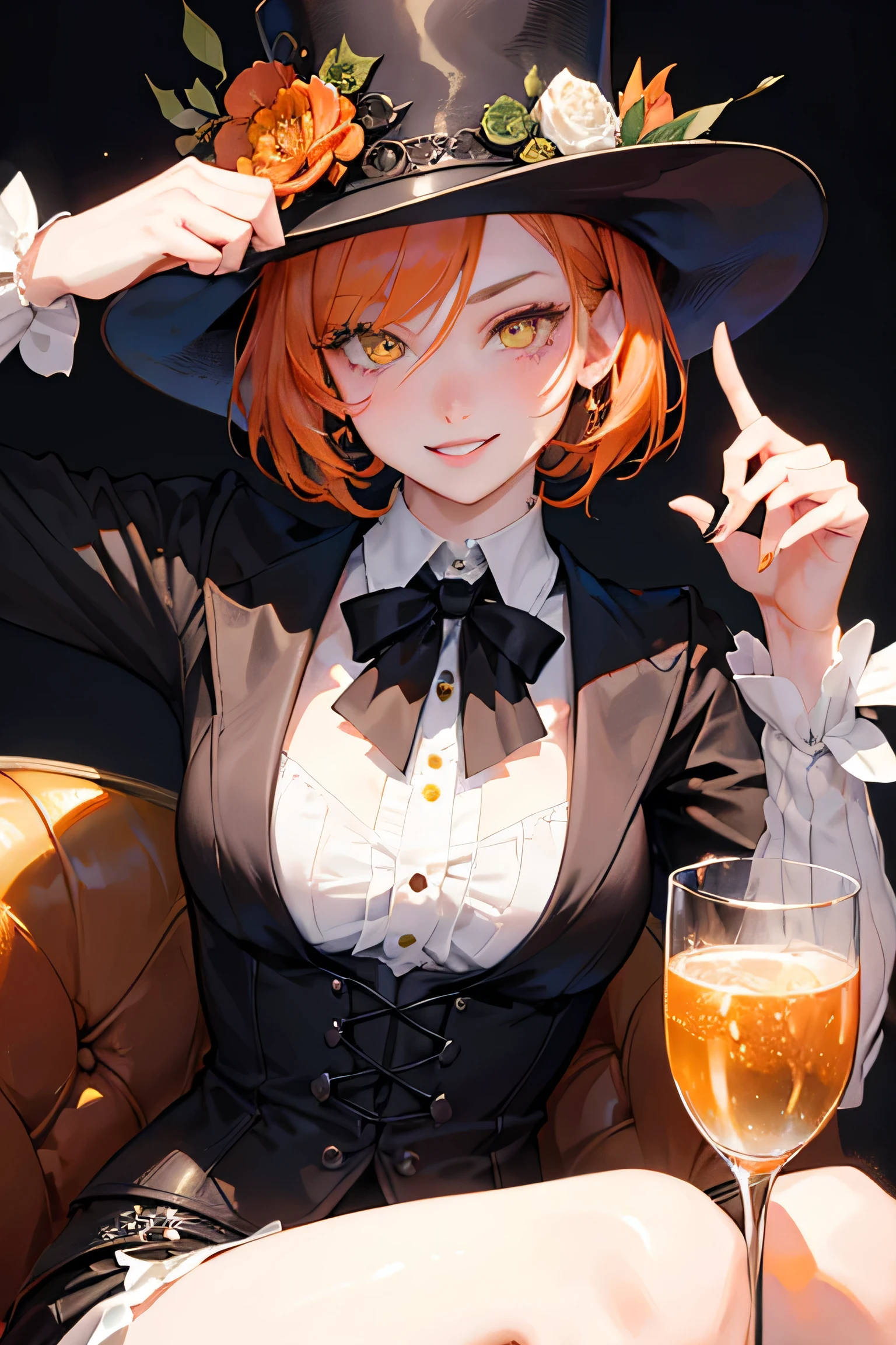 masterpiece, highest quality, so beautiful、Latest、girl, Orange Hair, short hair, Yellow Eyes、Wicked Smile、Wicked Smile,Shining Eyes、Super cool adult woman in monochrome British aristocrat fantasy costume、Combat pose、Close-up of face、Decoration、Be confident々、hat、steampunk、Black Butler、Sebastian Michaelis、Looking up、cool