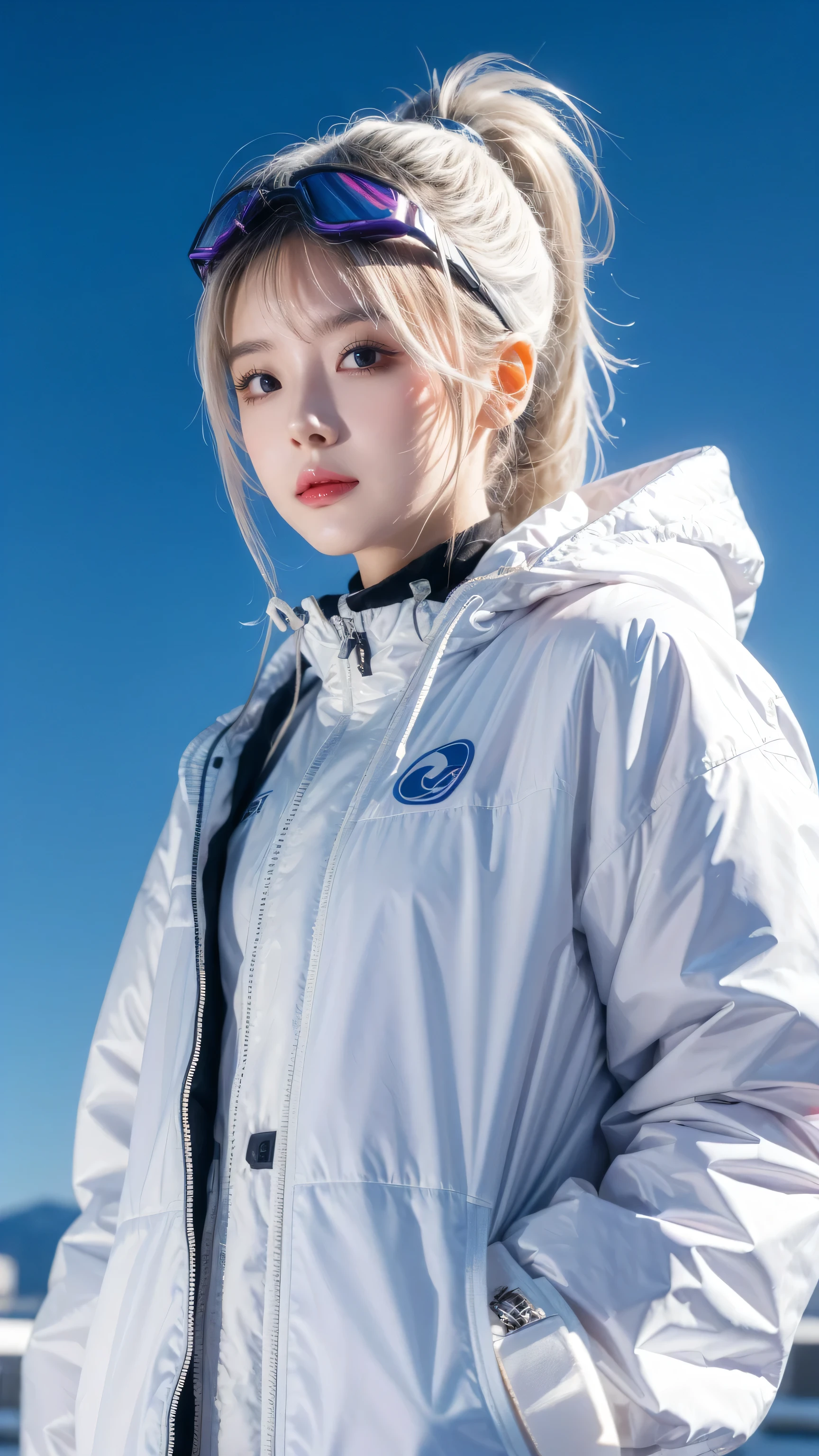 masterpiece, Best image quality, Extremely vivid, Anime girl with curly ponytail, Petite figure, White functional coat, small, Blue-purple gradient ski goggles, Cyberpunk, White hair, Natural casual style, dynamic posture, Golden Ratio, Large aperture portrait, Cool colors, Strong visual impact, White space, Light and shadow contrast, Super texture, Sunset afterglow, Ultra-clear pictures, Simple pictures