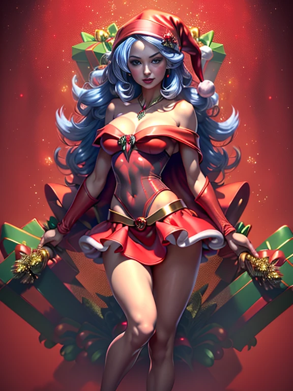 Dark magician Gilles in a red dress,((See through)), Very detailed, Rubio,(((Tiny mini skirt))), ((Skirt flip)),(((I can see Tanga))),smile, blue eyes, Realist, Red High Heels, (((Christmas))), Neckline, ((Christmasツリー, gift)), cabello Rubio, 魔法のChristmas. Seductive and sensual poses.
