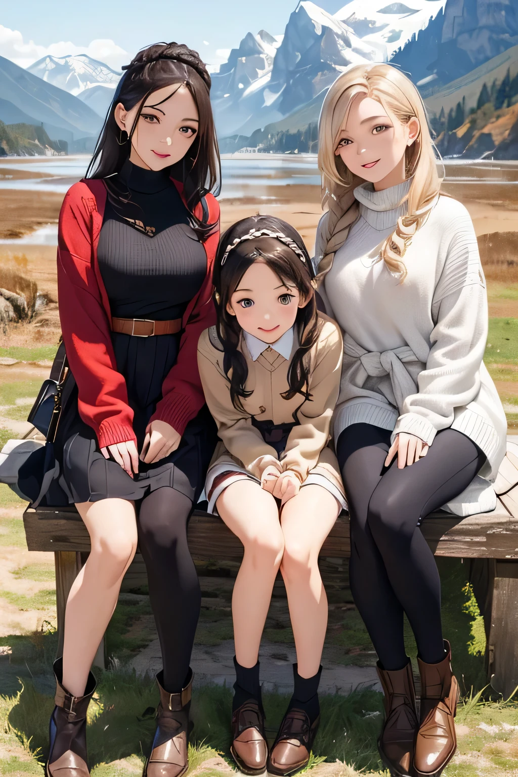 highest quality、High resolution、Detailed Background、(Beautiful face in every detail:1.4)、Anatomically correct、(Draw the usual number of fingers:1.2)、(Detailed facial expressions)、(Detailed eyes:1.2)、(Detailed eyes:1.2)、Beautiful, smooth skin、Teenage beauty、(Highly detailed face:1.4)、Cute color hair color、Braided Ponytail、Braided Bob、Braided long hair、Wavy Hairstyle、well-groomed eyebrows、Cute Eye Makeup、Cute Lip Makeup、In a joking manner、Do cute things、Sunny autumn mountain、A big smile、In the beautiful natural scenery、Spectacular natural scenery、Fit on one screen、

(Three beautiful girls having fun with friends with the mountains in the background:1.5)、

Ladylike knitted dress style、Choose a midi-length knitted dress、
Wear a long wool cardigan on top and a belt around the waist to accentuate the silhouette.、Pair your feet with tall boots or loafers and accent the look with a headband.