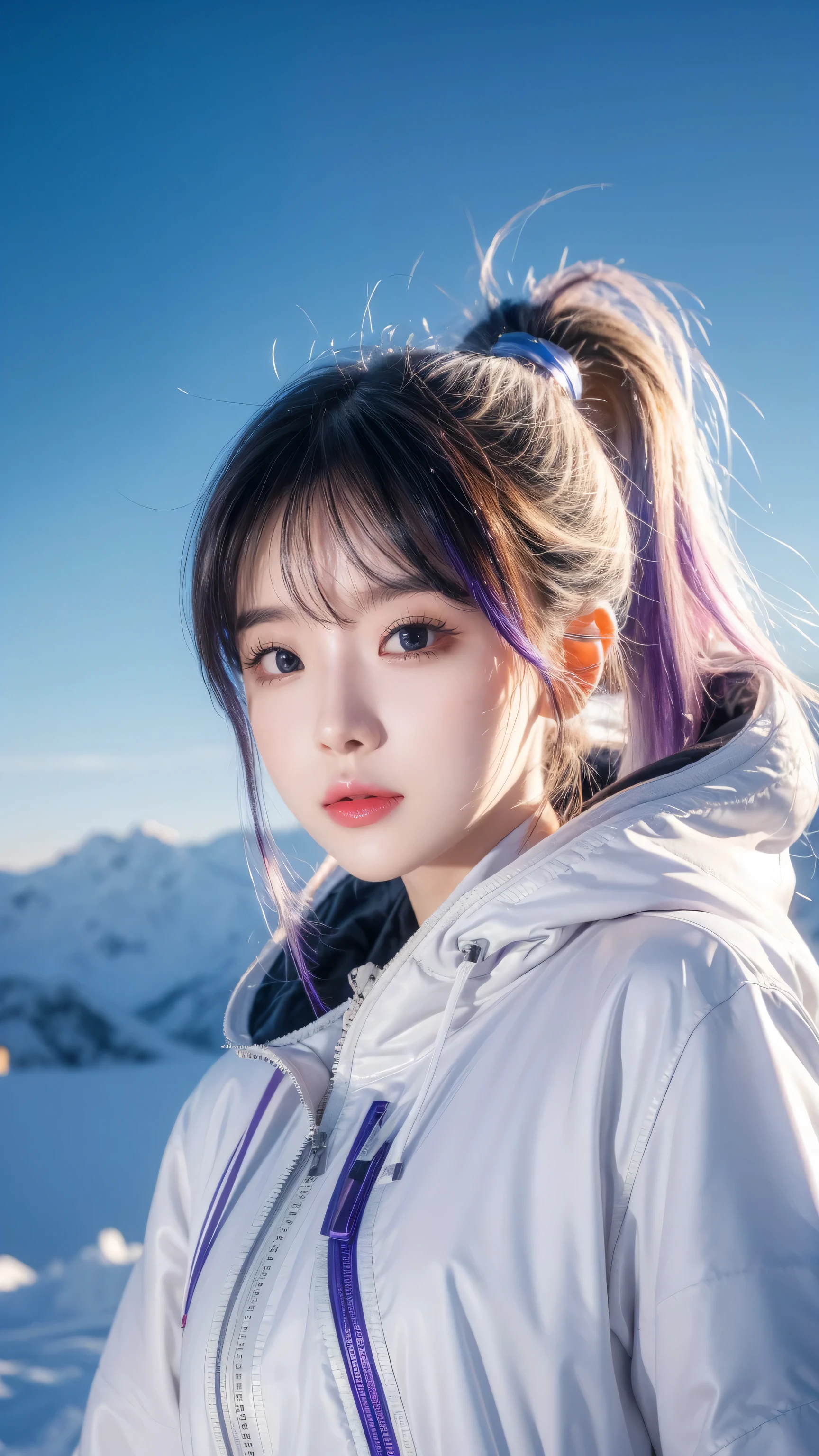 masterpiece, Best image quality, Extremely vivid, Anime girl with curly ponytail, Petite figure, White functional coat, small, Blue-purple gradient ski goggles, Cyberpunk, White hair, Natural casual style, dynamic posture, Golden Ratio, Large aperture portrait, Cool colors, Strong visual impact, White space, Light and shadow contrast, Super texture, Sunset afterglow, Ultra-clear pictures, Simple pictures