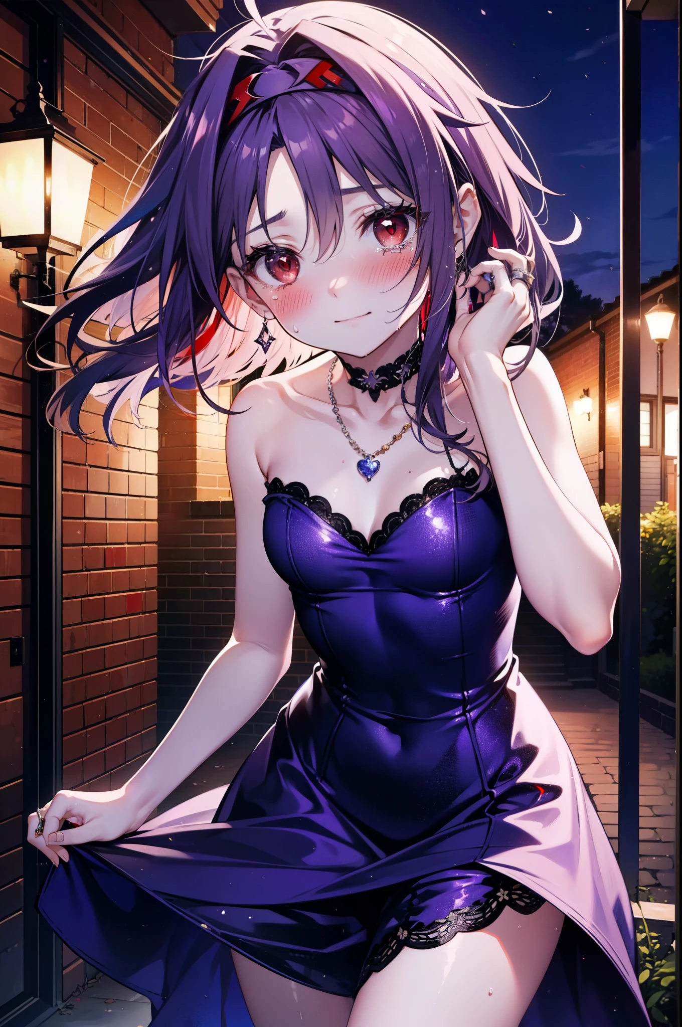 yuukikonno, Konno Yuuki,Long Hair, tiara,Pointed Ears, Purple Hair, (Red eyes:1.5), (Small breasts:1.2), smile,Purple Dress,Purple Long Skirt,Purple stiletto heels,Sleeveless,Expose your shoulders,Bare arms,Bare neck,bare clavicle,She is wearing a wedding ring on the ring finger of her left hand.,Heart Necklace,Tears stream down her face,Tears of joy,I cry a lot,Romantic night view,moonlight,
break outdoors, hill,
break looking at viewer, (Cowboy Shot:1.5),
break (masterpiece:1.2), highest quality, High resolution, unity 8k wallpaper, (shape:0.8), (Beautiful details:1.6), Highly detailed face, Perfect lighting, Extremely detailed CG, (Perfect hands, Perfect Anatomy),