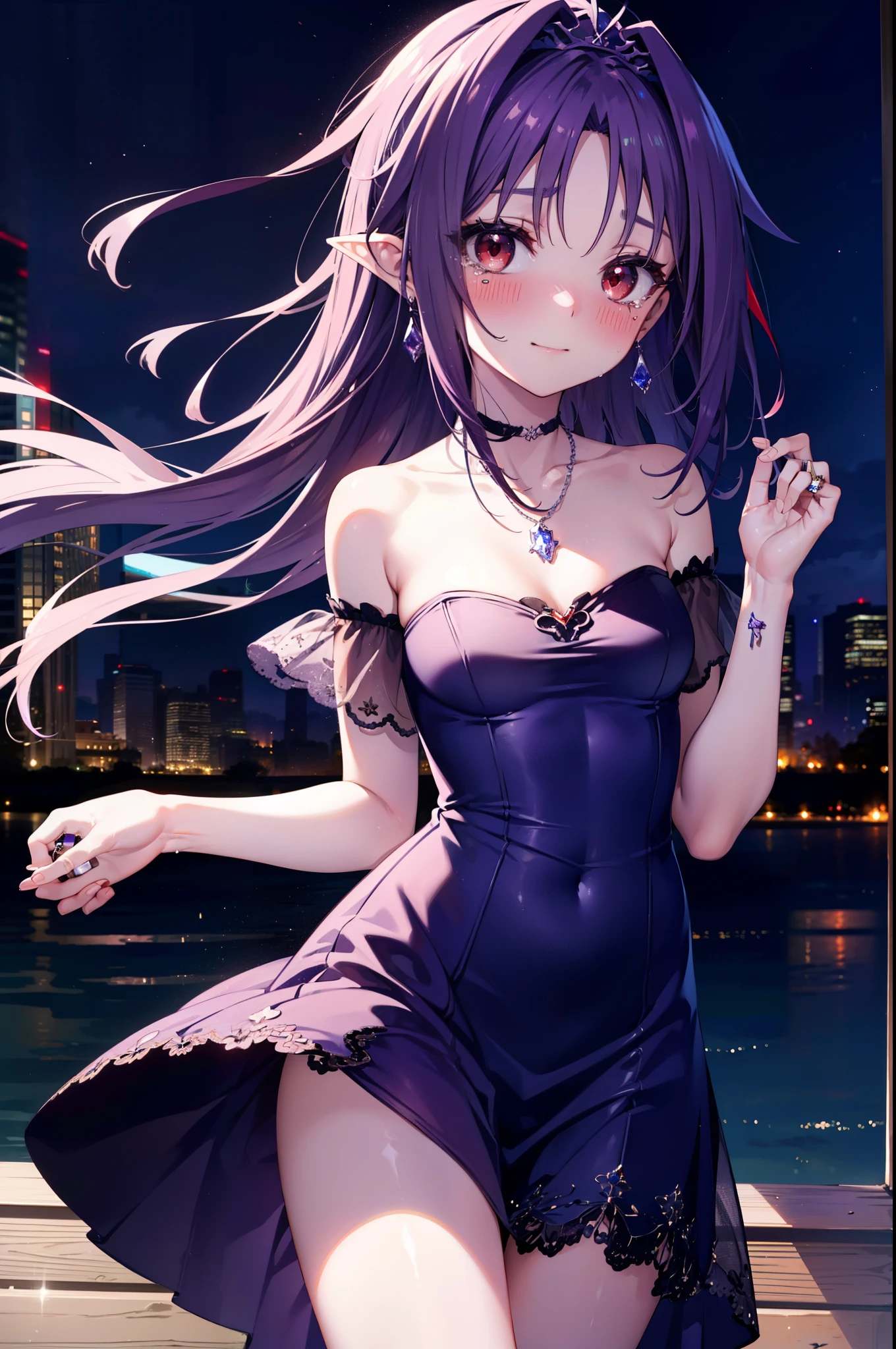 yuukikonno, Konno Yuuki,Long Hair, tiara,Pointed Ears, Purple Hair, (Red eyes:1.5), (Small breasts:1.2), smile,Purple Dress,Purple Long Skirt,Purple stiletto heels,Sleeveless,Expose your shoulders,Bare arms,Bare neck,bare clavicle,She is wearing a wedding ring on the ring finger of her left hand.,Heart Necklace,Tears stream down her face,Tears of joy,I cry a lot,Romantic night view,moonlight,
break outdoors, hill,
break looking at viewer, (Cowboy Shot:1.5),
break (masterpiece:1.2), highest quality, High resolution, unity 8k wallpaper, (shape:0.8), (Beautiful details:1.6), Highly detailed face, Perfect lighting, Extremely detailed CG, (Perfect hands, Perfect Anatomy),