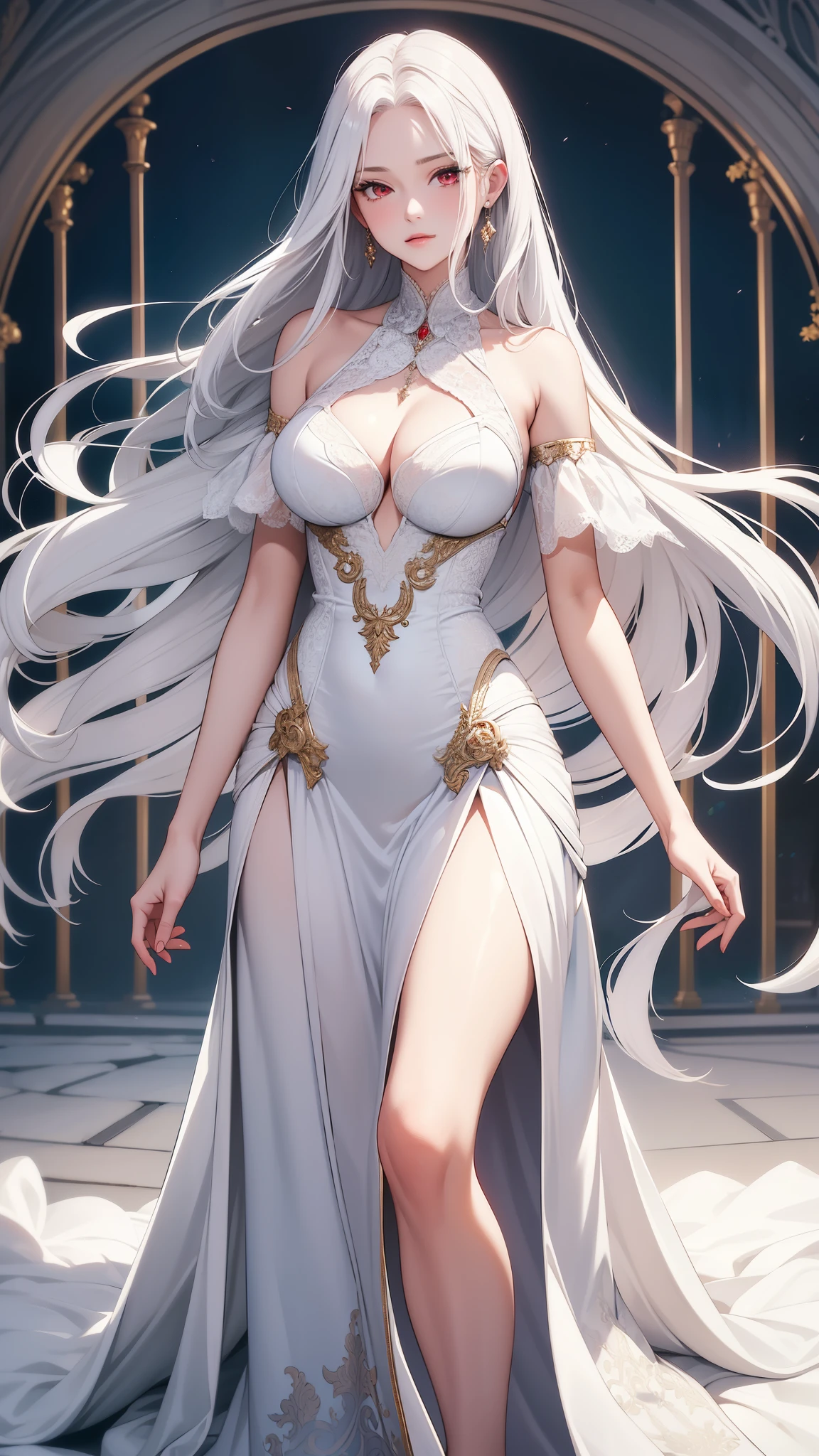 a women, flowing white hair, red eyes, beautiful face, Expensive and luxurious aristocratic lace dress., Middle Ages, Maximum details:1.2, High quality:1.2, upper class, big breasts, lawn background, 2D, 4k details, shy, Neat manner, collarbone, Aristocratic dance