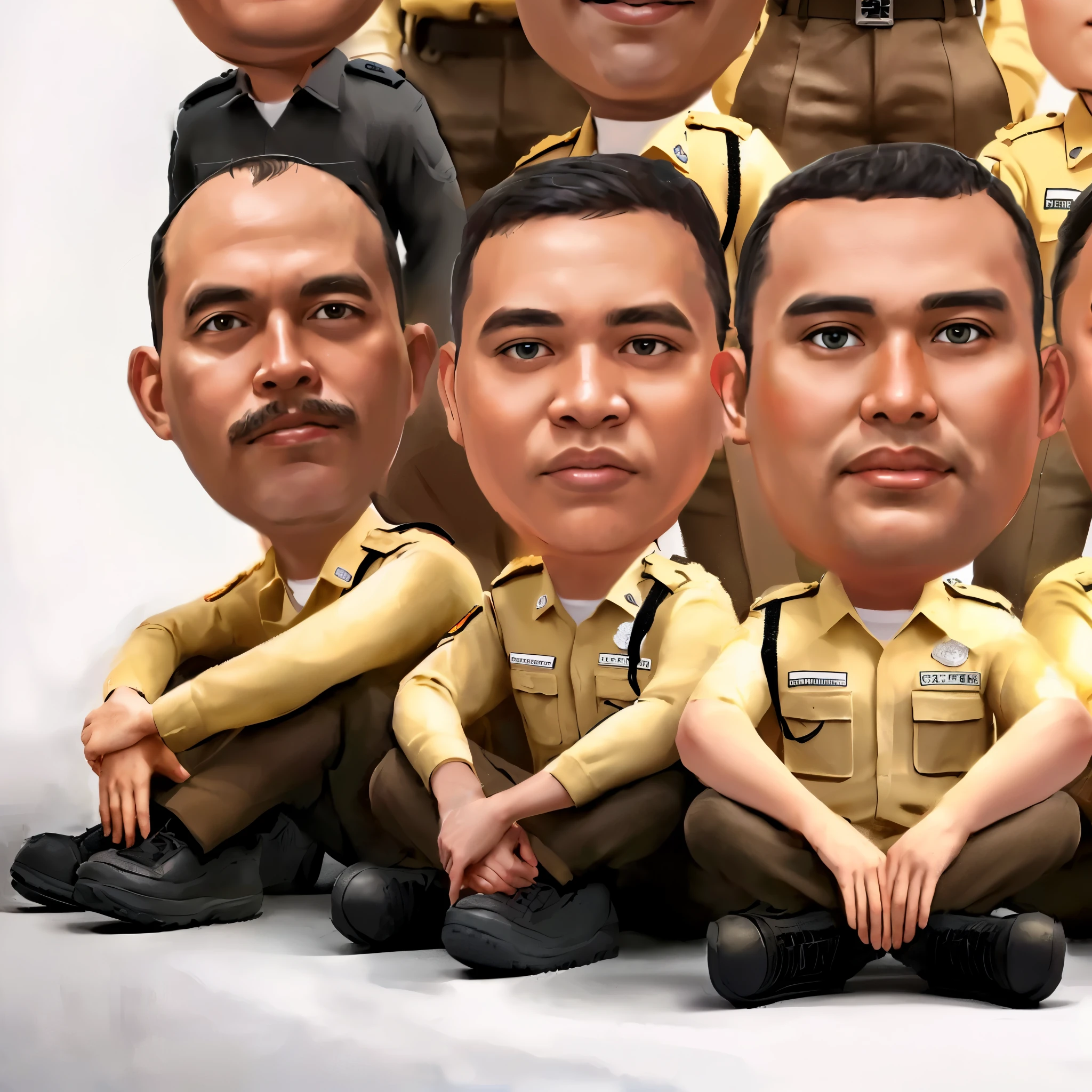 there are many men in uniform sitting on the ground, caricature illustration, close portrait, cartoonist, portrait. high detail, portrait n - 9, military, detailed cartoon, potrait, caricature, realistic cartoon, caricature style, chibi, in cartoon style, fanart, cartoon, cartoon image, close up potrait, realistic soldiers, with fully detailed faces, 1 / 4 portrait