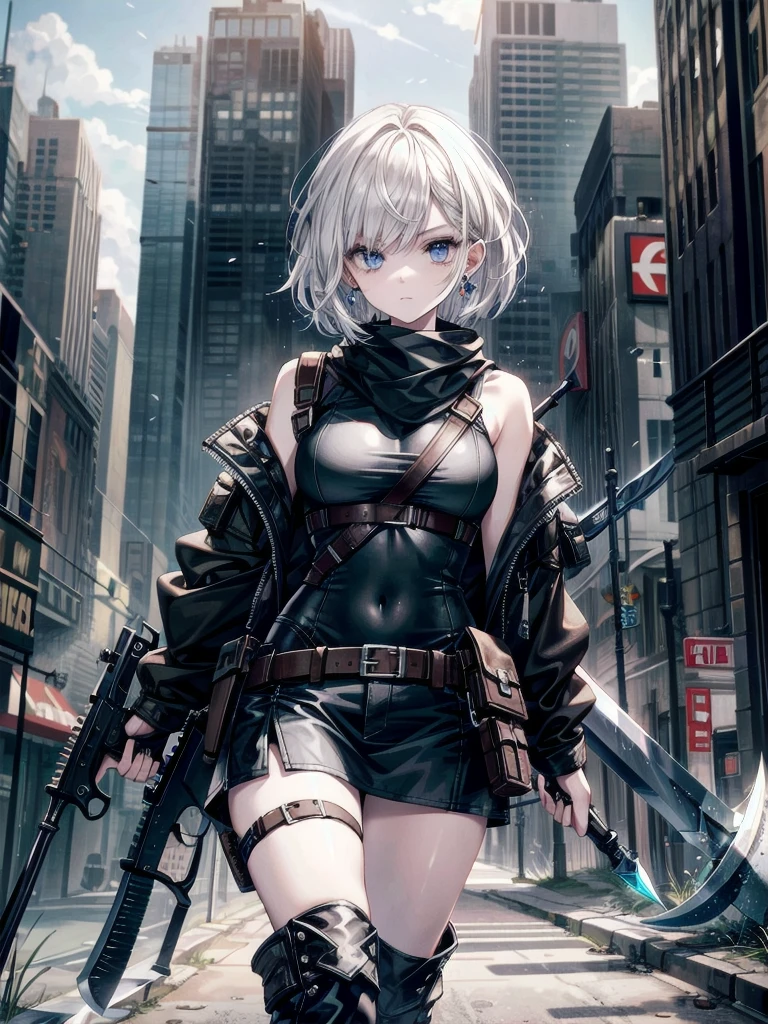 whole body, ((((many weapons)))), gunman attire, revolver pistol, boots, post apocalyptic city, absurdres, RAW photo, extremely delicate and beautiful, masterpiece, Best Quality, ultra high resolution, 32k, hyperrealistic, ultra-detailed, detailed description, pale skin, 20 years old, detailed beautiful face and eyes, tearful mole, earring, Colossal tits, short medium hair, wavy hair,