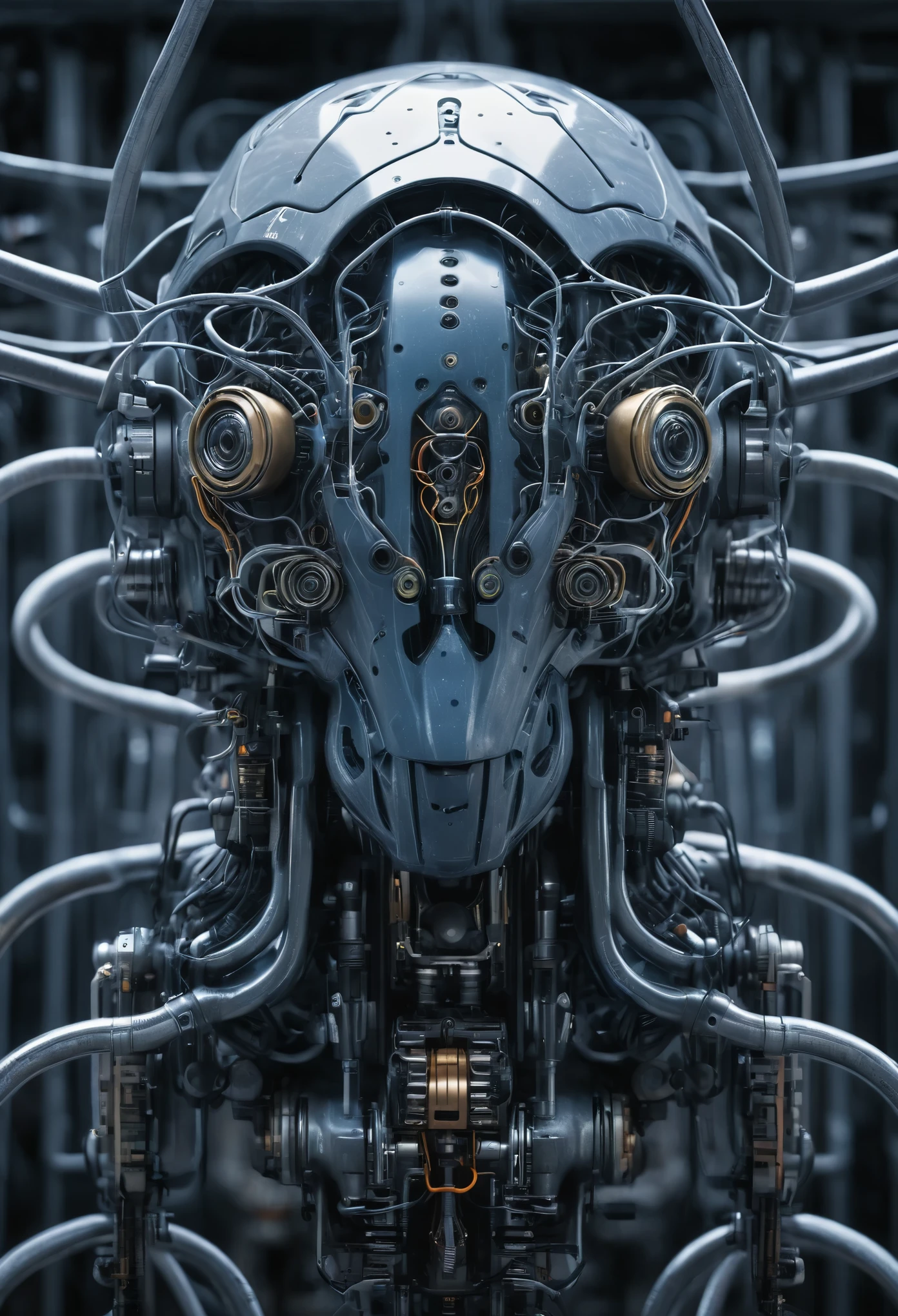 a human organ brain perfectly recreated in a mechanical and organic shapes of a drone, with wires, connected to electronic cables, scenes from the film, in the style of dark muted deep blue and grey, frostpunk, photo realistic, cinematic, movie still, captured in the style of Sony Alpha A7 III camera