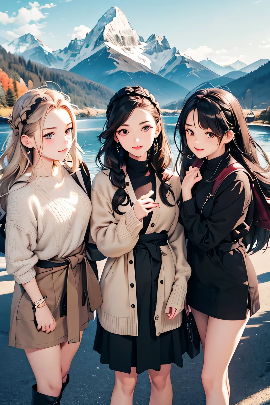 highest quality、High resolution、Detailed Background、(Beautiful face in every detail:1.4)、Anatomically correct、(Draw the usual number of fingers:1.2)、(Detailed facial expressions)、(Detailed eyes:1.2)、(Detailed eyes:1.2)、Beautiful, smooth skin、age beauty、(Highly detailed face:1.4)、Cute color hair color、Braided Ponytail、Braided Bob、Braided long hair、Wavy Hairstyle、well-groomed eyebrows、Cute Eye Makeup、Cute Lip Makeup、In a joking manner、Do cute things、Sunny autumn mountain、A big smile、In the beautiful natural scenery、Spectacular natural scenery、Fit on one screen、
(Three beautiful girls having fun with friends with the mountains in the background:1.5)、
Ladylike knitted dress style、Choose a midi-length knitted dress、
Wear a long wool cardigan on top and a belt around the waist to accentuate the silhouette.、Pair your feet with tall boots or loafers and accent the look with a headband.
