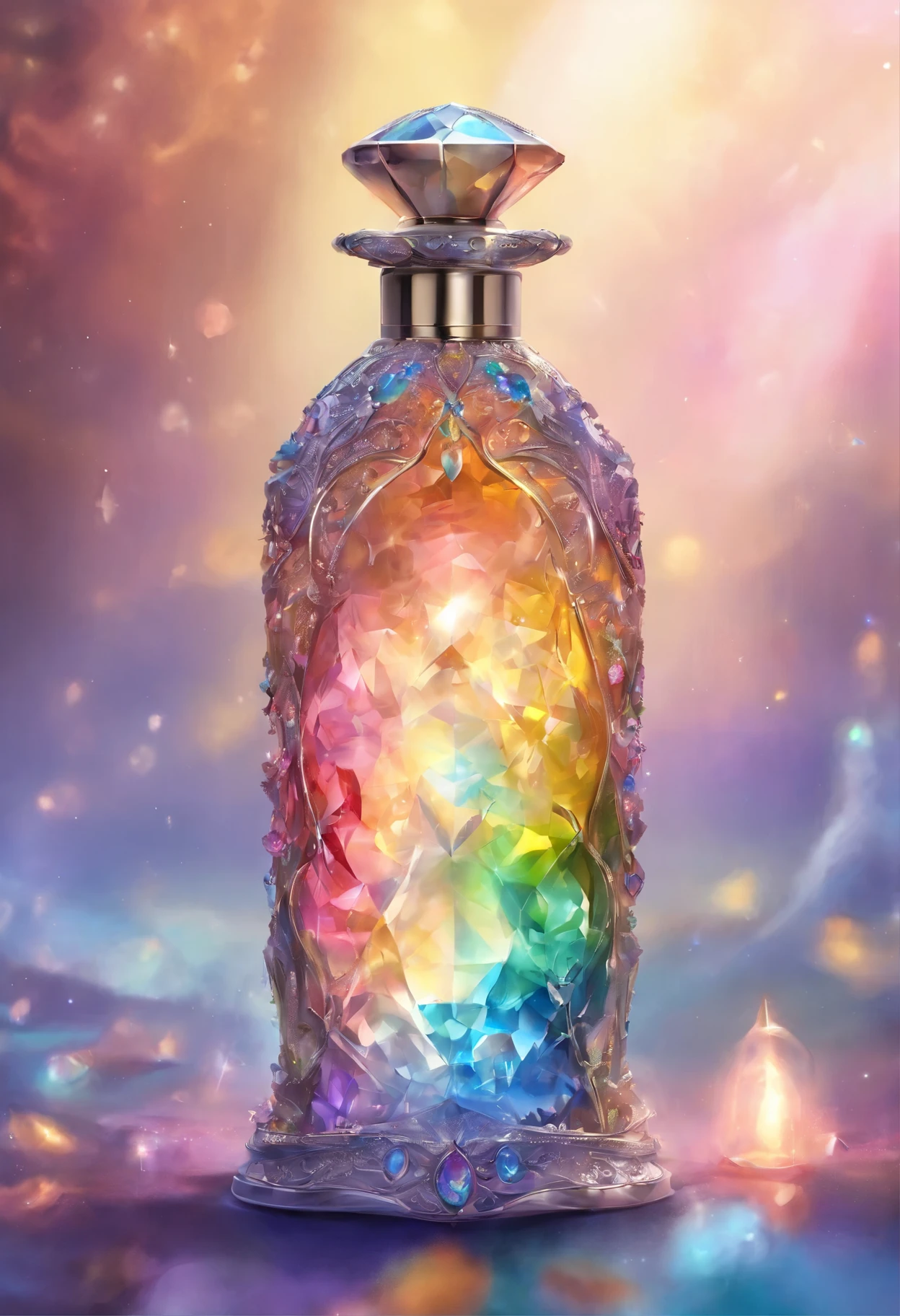 perfume bottle with its atomizer, fine, elegant, magical, mystical, energetic, centralized in the center, the bottle surrounded by energy, beautiful,4k