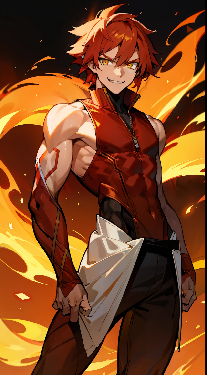 Grown-up guy, short red and white hair, Yellow eyes, musculature, smirk, Sleeveless black bodysuit, fire, Sleeveless, fire Elements, Masterpiece, hiquality, higly detailed, HD, 4k,Half sleeve coat,black shirt 