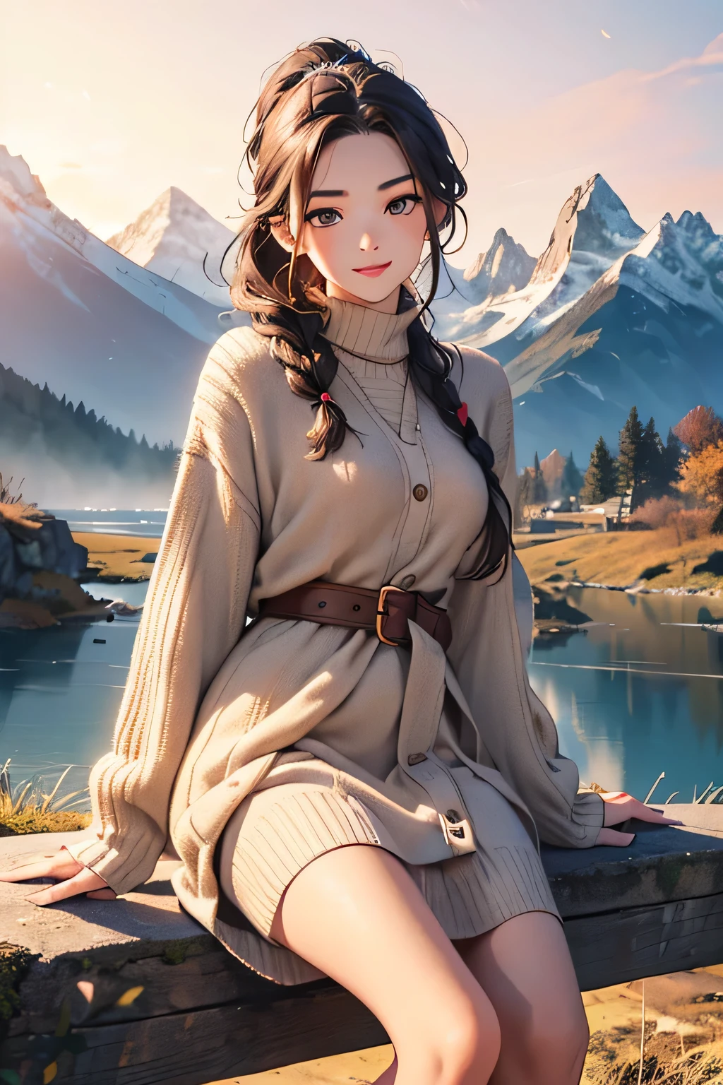 highest quality、High resolution、Detailed Background、(Beautiful face in every detail:1.4)、Anatomically correct、(Draw the usual number of fingers:1.2)、(Detailed facial expressions)、(Detailed eyes:1.2)、(Detailed eyes:1.2)、Beautiful, smooth skin、age beauty、(Highly detailed face:1.4)、Cute color hair color、Braided Ponytail、Braided Bob、Braided long hair、Wavy Hairstyle、well-groomed eyebrows、Cute Eye Makeup、Cute Lip Makeup、In a joking manner、Do cute things、Sunny autumn mountain、A big smile、In the beautiful natural scenery、Spectacular natural scenery、Fit on one screen、
(Three beautiful girls having fun with friends with the mountains in the background:1.5)、
Ladylike knitted dress style、Choose a midi-length knitted dress、
Wear a long wool cardigan on top and a belt around the waist to accentuate the silhouette.、Pair your feet with tall boots or loafers and accent the look with a headband.