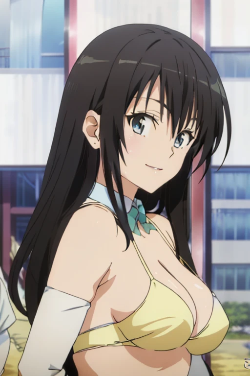 from side, megami magazine, anime poster style, (shueisha style, anime cels style, best quality, high resolution), Kotegawa Yui, long hair, black hair, (beautiful detailed eyes:1.8, beautiful face:1.5), 1girl, Puffy lips:1.2, light smile, (sagging large breasts), cleavage, (maid bikini:1.5, waist apron), upper body, maid gloves, elbow gloves, sitting, outdoors, farm