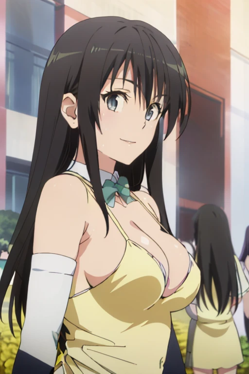from side, megami magazine, anime poster style, (shueisha style, anime cels style, best quality, high resolution), Kotegawa Yui, long hair, black hair, (beautiful detailed eyes:1.8, beautiful face:1.5), 1girl, Puffy lips:1.2, light smile, (sagging large breasts), cleavage, (maid bikini:1.5, waist apron), upper body, maid gloves, elbow gloves, sitting, outdoors, farm