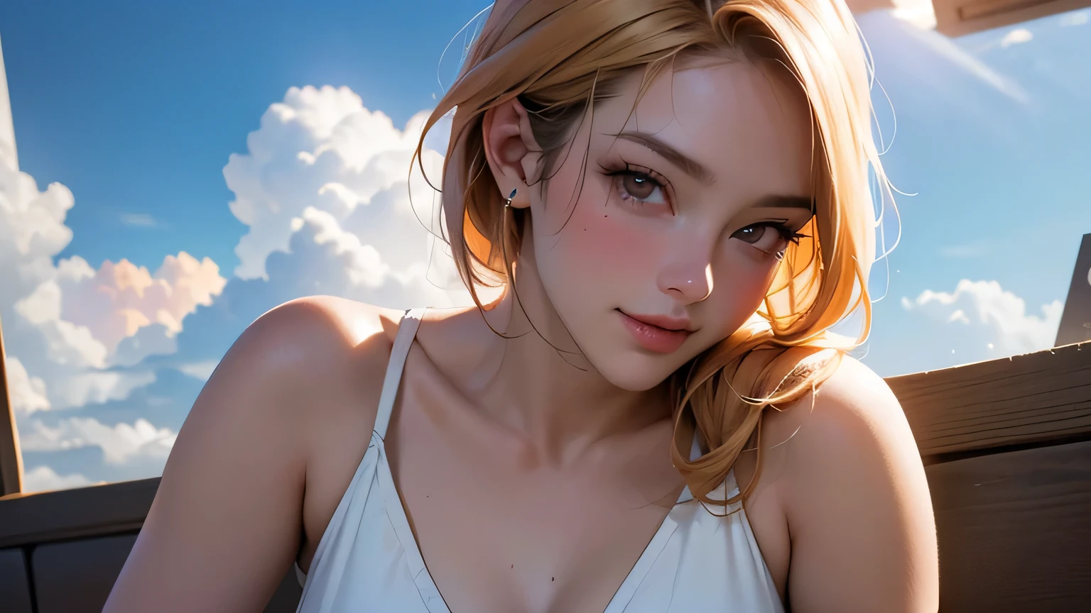 (8k, RAW photo, highest quality, masterpiece), High resolution RAW color photo, full body, no body movement, professional close-up photo, dynamic fist pump (Realistic, Photorealism: 1.37), (Best Quality), (Best Shadows), (Best Illustrations), Clavicle ((Large)), ((Erotic, Sexy, Ultra High Resolution, High Definition CG Integrated 8K Wallpaper, Physically Based Rendering, Movie Lighting), Best Image Quality , amazing details, ultra high resolution, (realism: 1.4), best illustrations, (maximum resolution: 1.2), (ultra high resolution: 1.2), cinema lights, 8K resolution, beautiful eyes and skin, detailed faces, Perfect style, Cute face, Accurate, Anatomically correct, Highly detailed face and skin texture, ((Best quality, 8k, Masterpiece: 1.3)), Sharpness: 1.2, Perfect body beauty: 1.4, Big breasts, slim abs: 1.2, Nami in One Piece, very light orange and yellowish haired girl, beautiful brown eyes, blushing cheeks, clouds in the sky smiling at the viewer, chest, blushing cheeks, hair flowing. She should wear a crop top and shorts. The art style should resemble an attractive anime style. For image quality, please prioritize (Best quality, 4K, 8K, High resolution, Masterpiece: 1.2) , highly detailed, and (realistic, photo-realistic, photo-realistic:1.37) rendering. To enhance the visuals, we added HDR, ultra-high resolution, studio lighting, ultra-fine paintings, sharp focus, physically -based rendering, very detailed description (1 girl), (sexy look: 1.5), (flat chest: 1.3), (very detailed eyes, very detailed face), (surrealistic (High Resolution), (Top Quality:1.4), (Ultra High Quality), Real Skin Texture, RAW Photo, (Realistic, Photorealistic:1.37), Highly Detailed, Professional Photography,