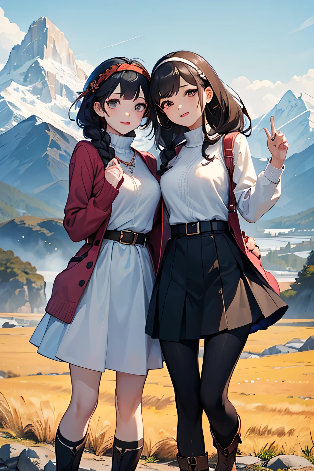 highest quality、High resolution、Detailed Background、(Beautiful face in every detail:1.4)、Anatomically correct、(Draw the usual number of fingers:1.2)、(Detailed facial expressions)、(Detailed eyes:1.2)、(Detailed eyes:1.2)、Beautiful, smooth skin、Teenage beauty、(Highly detailed face:1.4)、Cute color hair color、Braided Ponytail、Braided Bob、Braided long hair、Wavy Hairstyle、well-groomed eyebrows、Cute Eye Makeup、Cute Lip Makeup、In a joking manner、Do cute things、Sunny autumn mountain、A big smile、In the beautiful natural scenery、Spectacular natural scenery、Fit on one screen、

(Two beautiful girls having fun with friends with mountains in the background:1.5)、

Ladylike knitted dress style、Choose a midi-length knitted dress、
Wear a long wool cardigan on top and a belt around the waist to accentuate the silhouette.、Pair your feet with tall boots or loafers and accent the look with a headband.