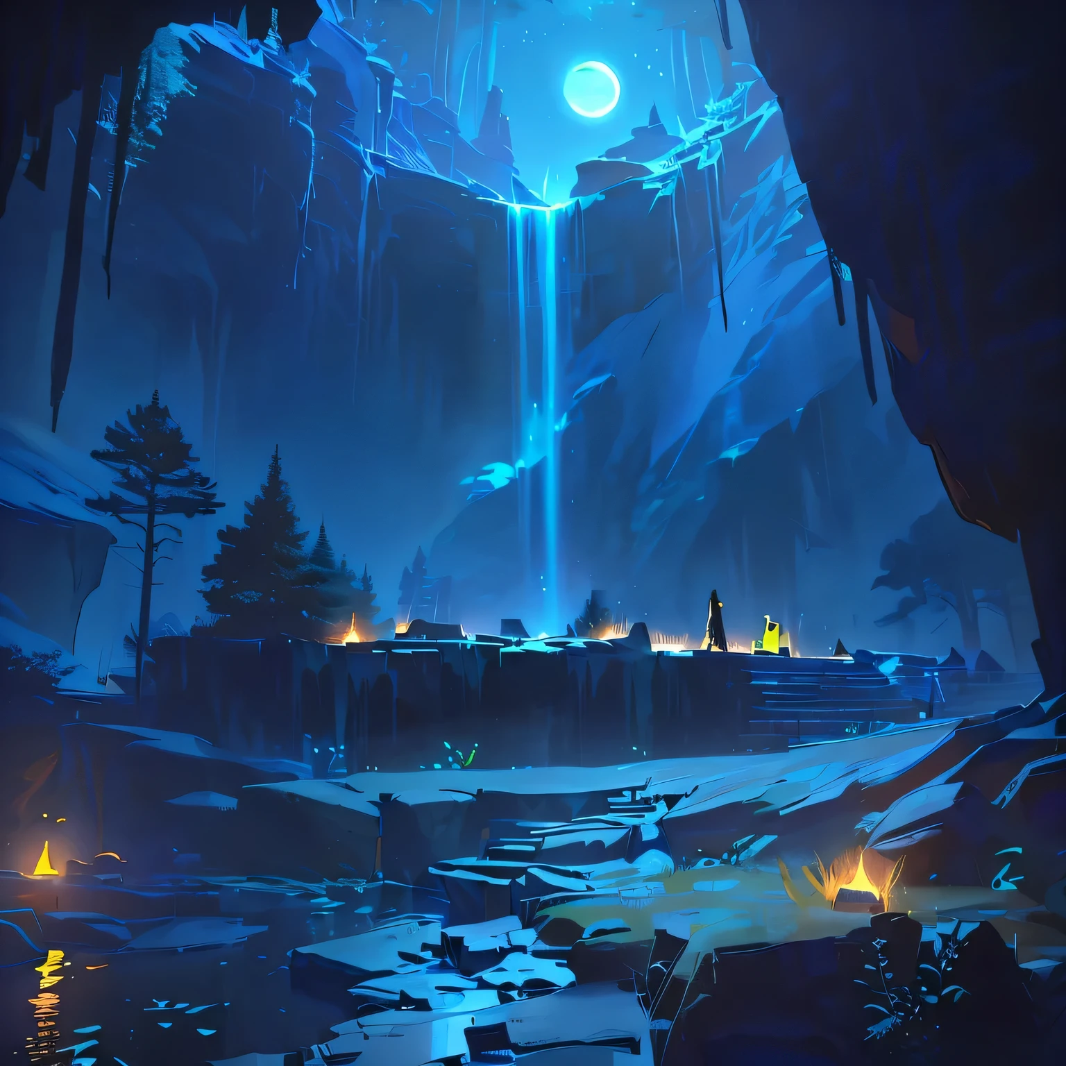 A mysterious night cave scene, the central stone platform is surrounded by flashing torches, glowing rocks and grass decorate the cave, a beam of moonlight pours down from above, casting moonlight on the ground, the stalagmite in the distance reaches deep, the blue moon shines on the stalagmite, the quiet blue moonlight, from above, the best quality, 8k, super detail,  cool tones, Dramatic lighting.