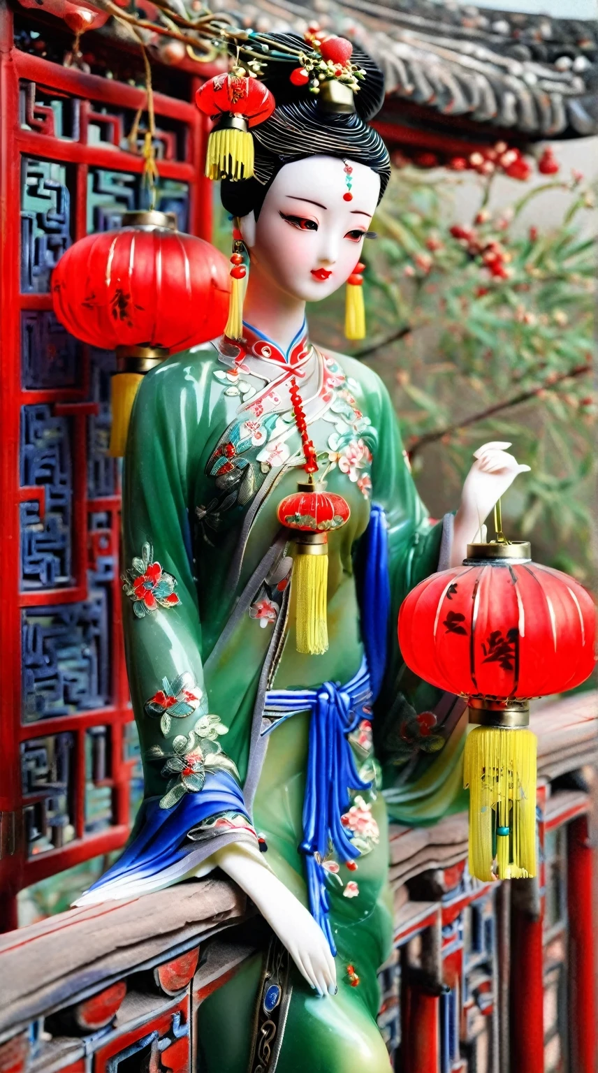 Art  jade doll，
A Chinese beauty in an ancient green and blue dress stands on the balcony of her mansion, with red lanterns hanging above her head. She is wearing exquisite jewelry and makeup, exuding elegance and charm. Photorealistic photos in the style of an ancient Chinese artist. 