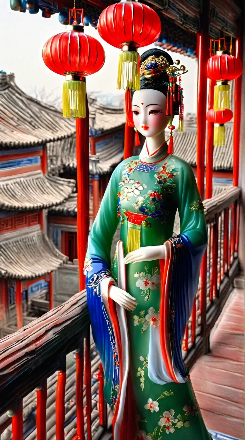 Art  jade doll，
A Chinese beauty in an ancient green and blue dress stands on the balcony of her mansion, with red lanterns hanging above her head. She is wearing exquisite jewelry and makeup, exuding elegance and charm. Photorealistic photos in the style of an ancient Chinese artist. 