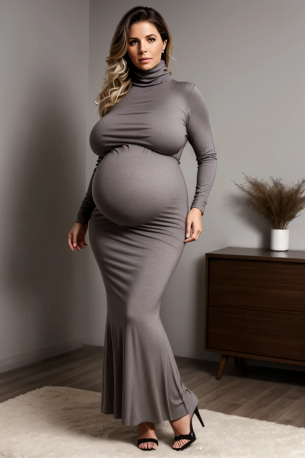 style:photo | Deanna, pregnant, talking to a handsome man, Mohair Turtleneck, very long Skirt, Spike Heels, as a 45yo sexy woman, big big breast  obese, shocked, dark hair messy hair caucasian, standing, chest out, erotic, entire_body_in_view, big sexy  jumbo breast