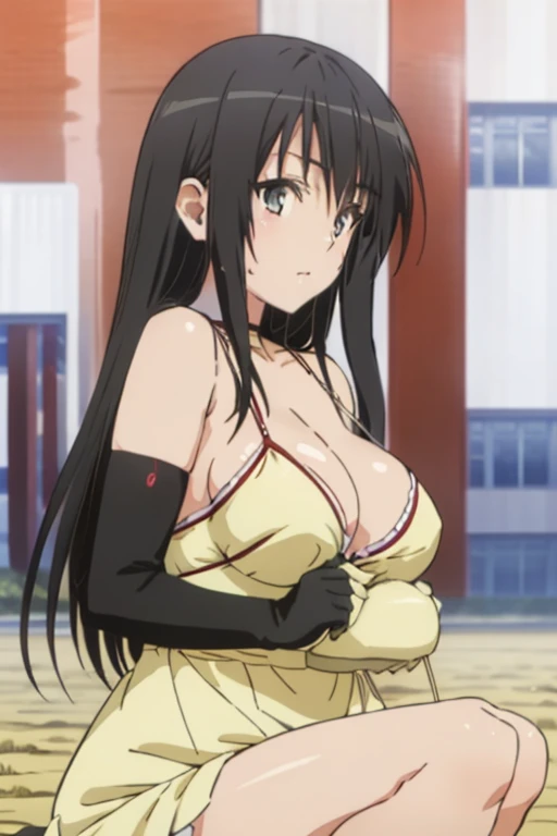 from side, megami magazine, anime poster style, (shueisha style, anime cels style, best quality, high resolution), Kotegawa Yui, long hair, black hair, (beautiful detailed eyes:1.8, beautiful face:1.5), 1girl, cute, (sagging large breasts), cleavage, (maid bikini:1.5, waist apron), cowboy shot, maid gloves, elbow gloves, sitting, outdoors, farm